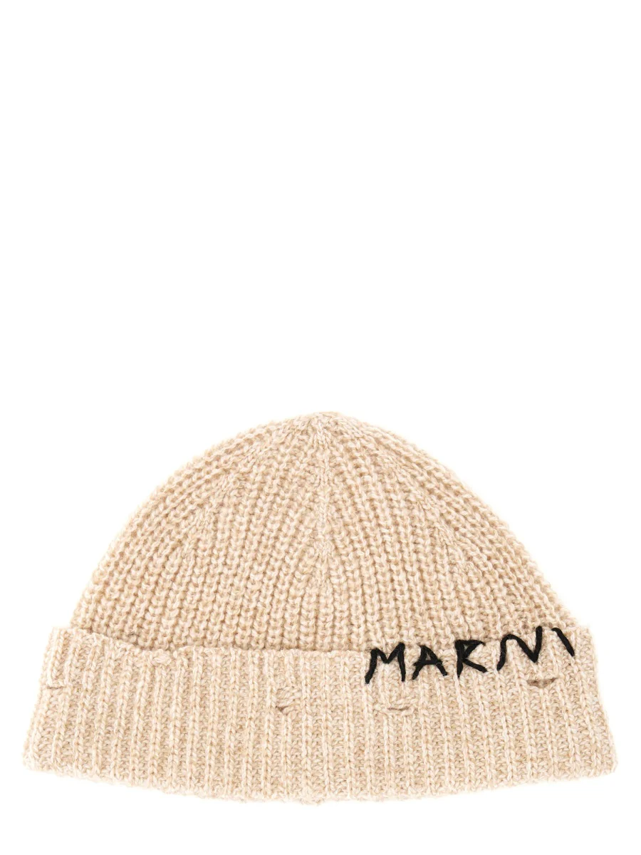 MARNI Wool Beanie with Mending Embroidery