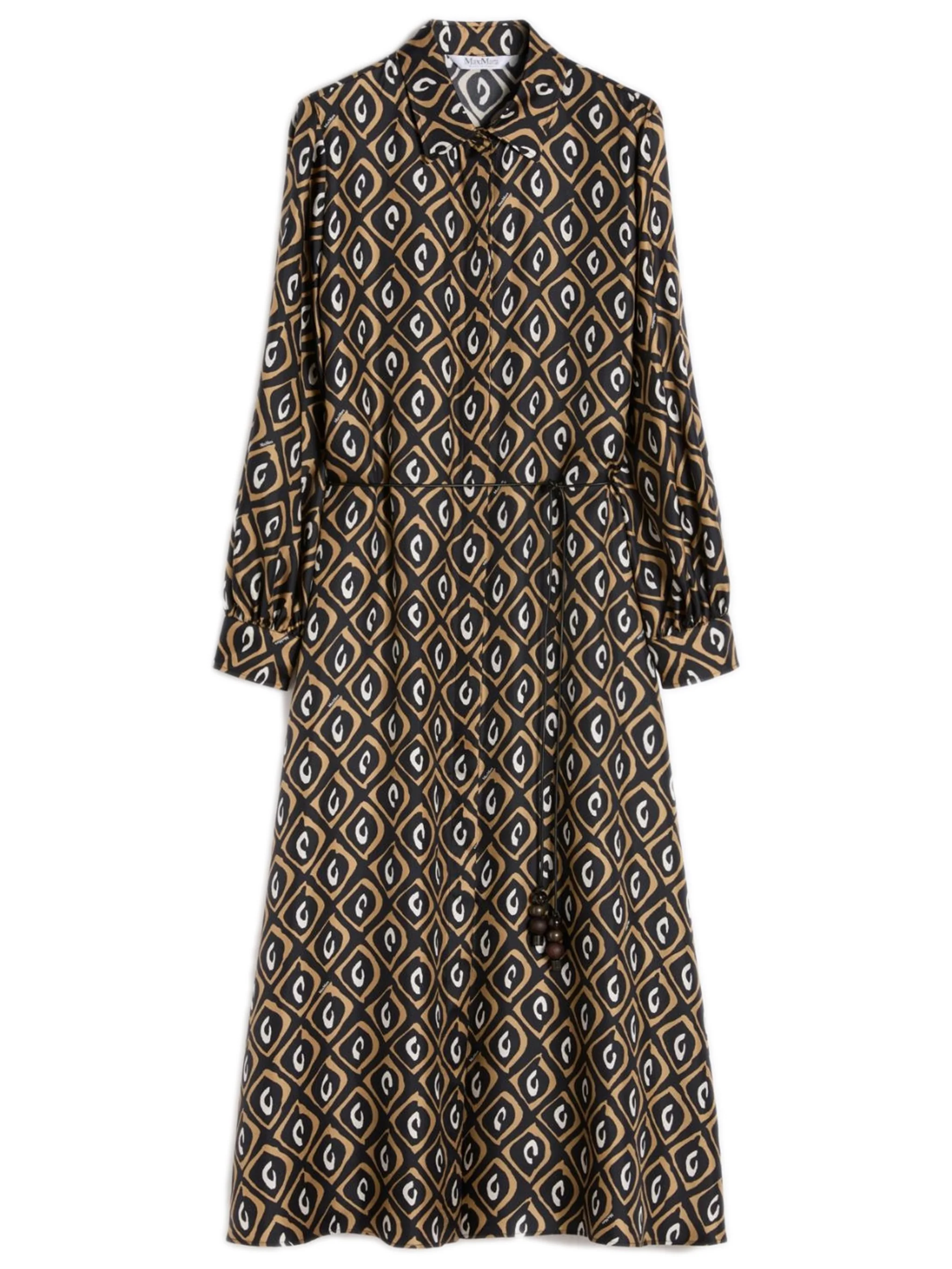 Max Mara A-line Silk Twill Dress with Puff Sleeves and Hidden Front Closure