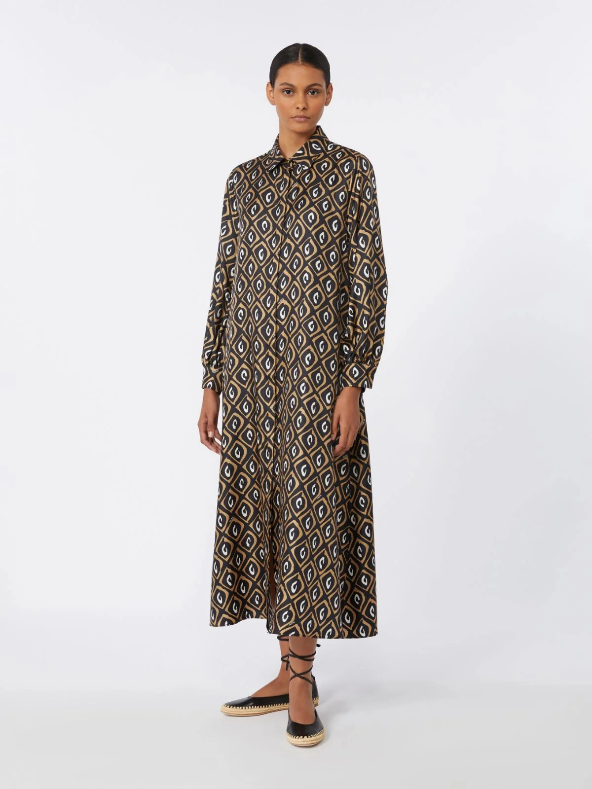 Max Mara A-line Silk Twill Dress with Puff Sleeves and Hidden Front Closure - Image 3