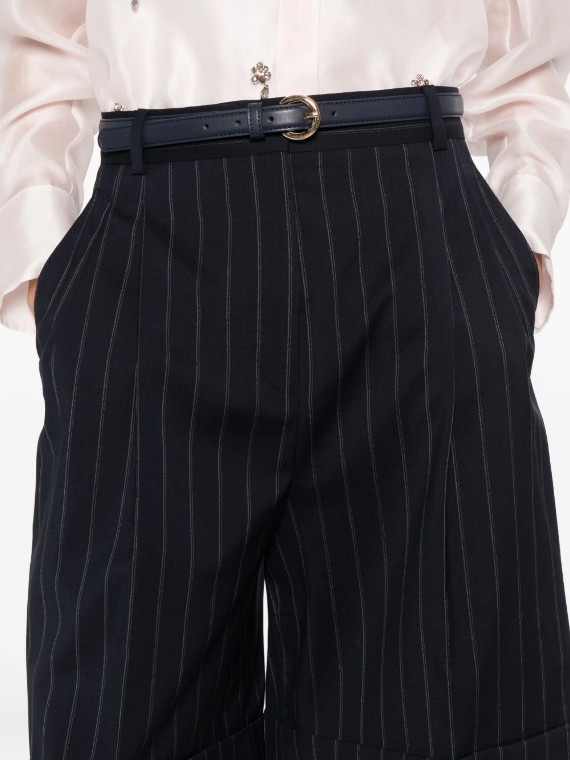 Max Mara Studio Straight Leg Wool Pants with Central Crease and Double Front Pleats - Image 4
