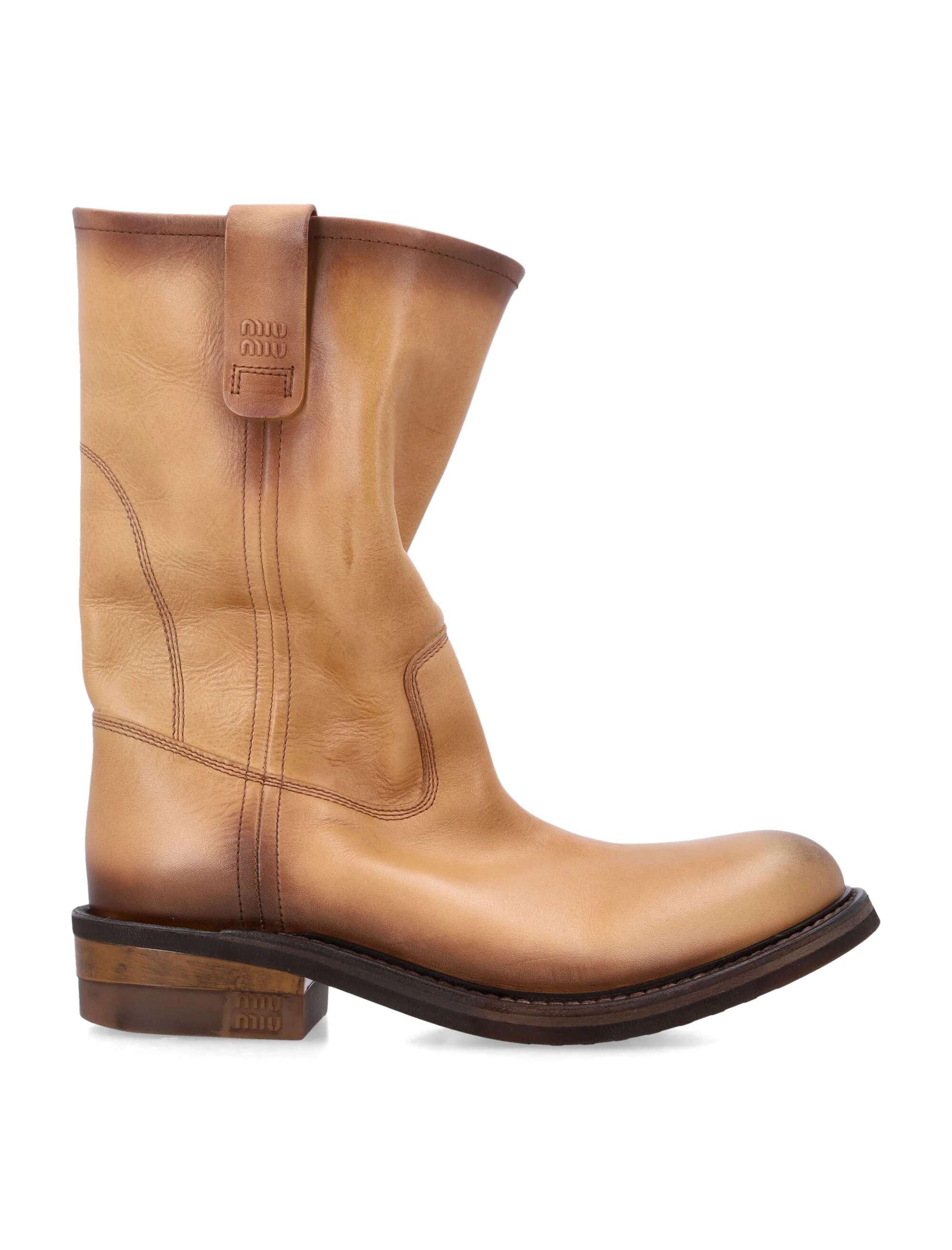 Miu Miu Slouchy Leather Booties with Unique Aged Effect - 4.5 cm Heel
