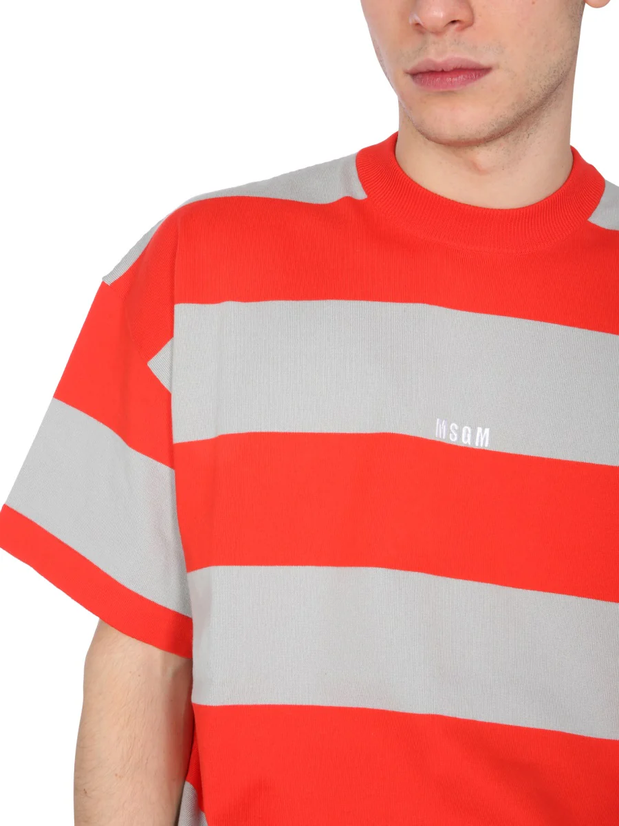 Msgm Striped Crew Neck T-Shirt for Men - Image 4