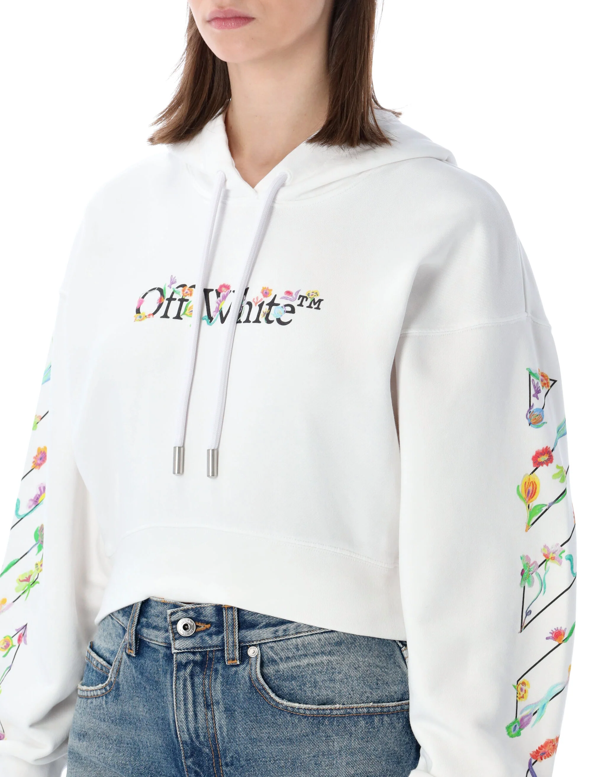 Off-White Flower Cropped Hoodie - Image 3