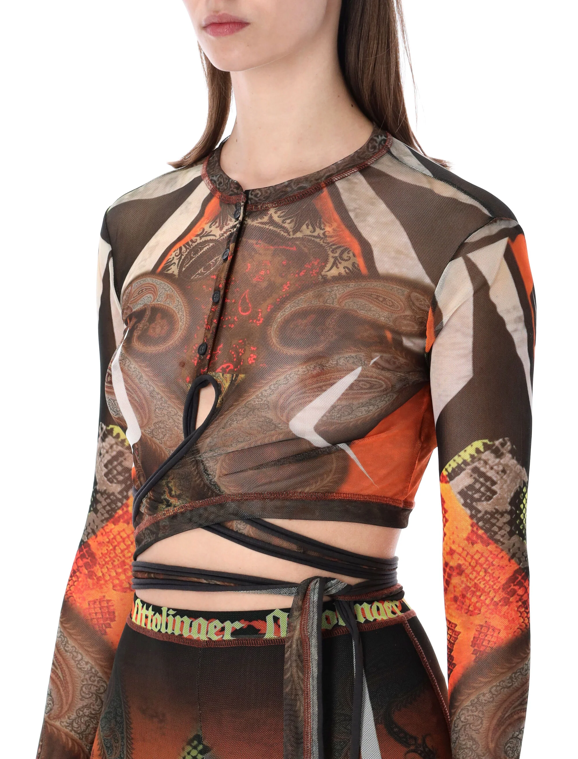 Ottolinger Fitted Semi-Sheer Longsleeve Top with Adjustable Wrap Ties - Size S - Image 3