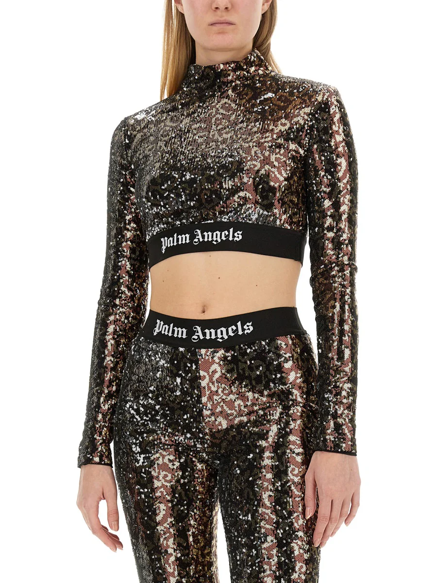 PALM ANGELS Logo-strap Sequin Cropped Top - Image 4