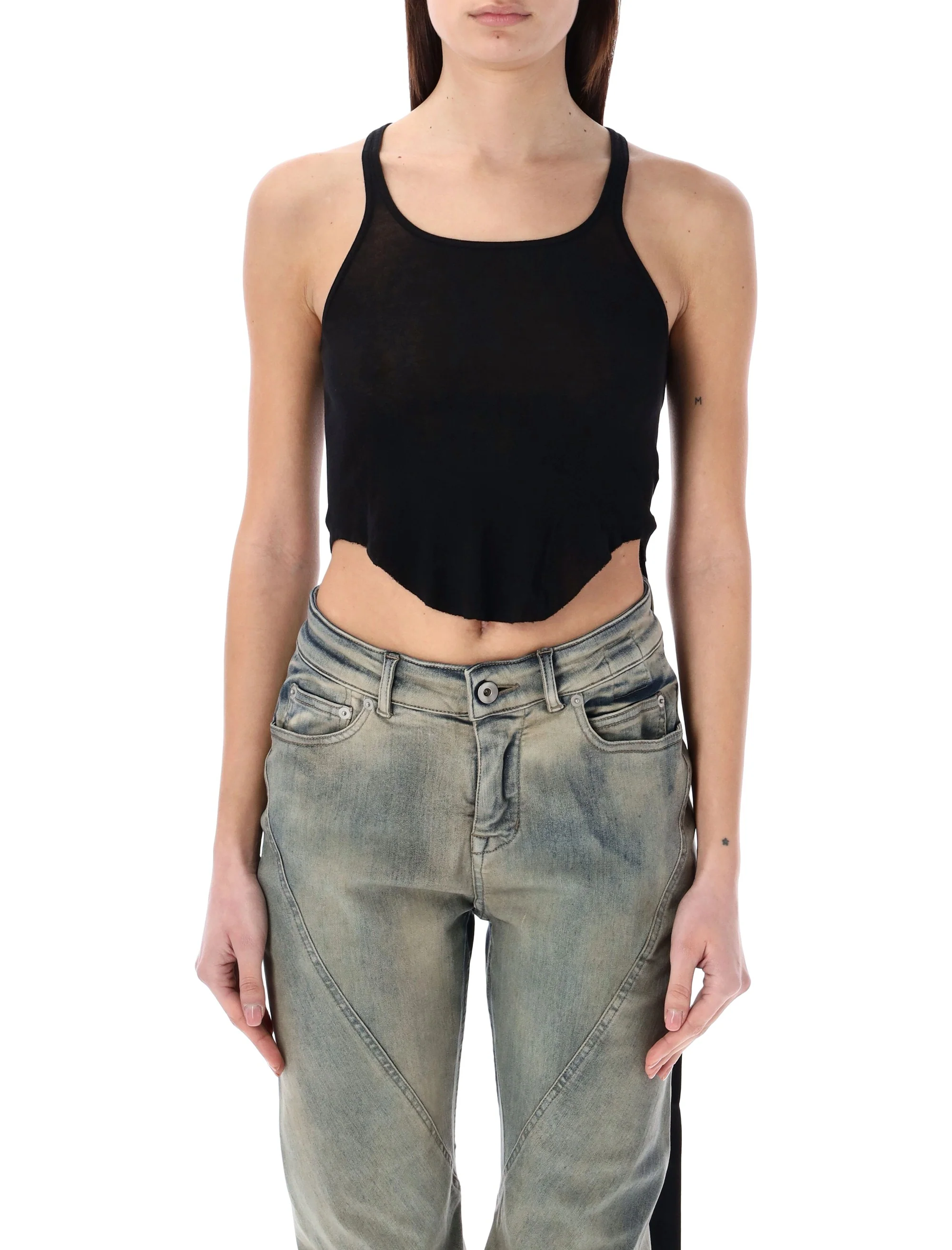 RICK OWENS DRKSHDW 'Basic' Tank Top in Semi-transparent Cotton, Crop Model, Raw Cut Hem and Round Neckline