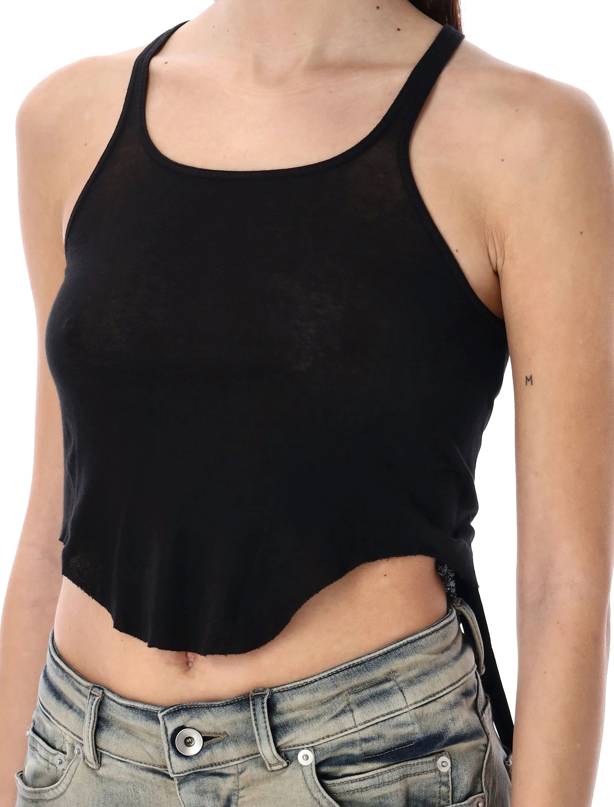 RICK OWENS DRKSHDW 'Basic' Tank Top in Semi-transparent Cotton, Crop Model, Raw Cut Hem and Round Neckline - Image 3
