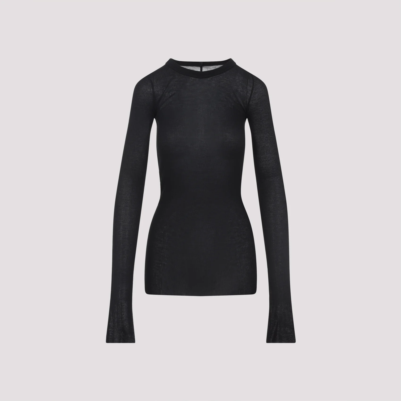 Rick Owens 'Rib LS T' Ribbed Viscose and Stretch Silk Blend T-shirt, Raw Cut Hem, Crew Neck, Long Sleeves - Image 3