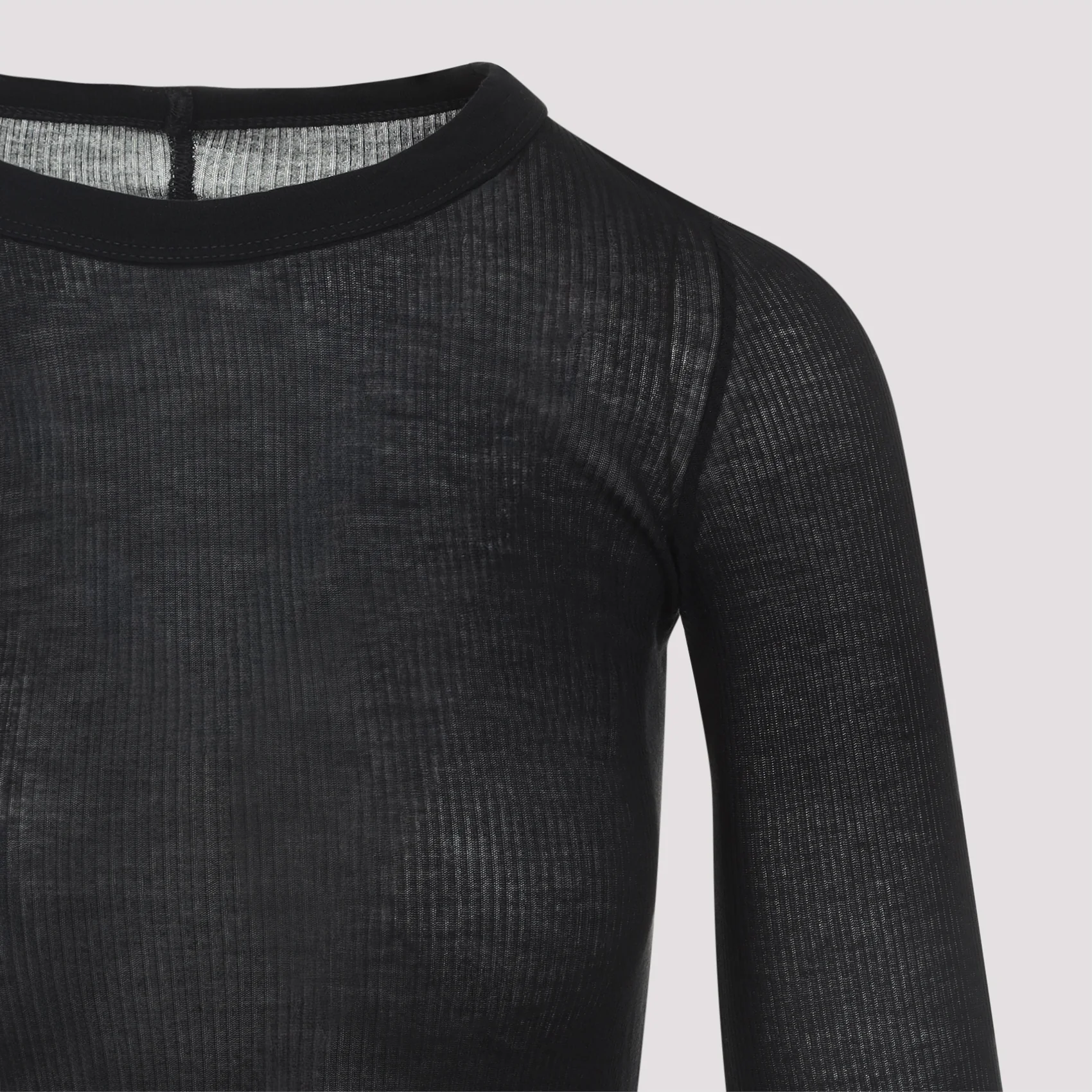 Rick Owens 'Rib LS T' Ribbed Viscose and Stretch Silk Blend T-shirt, Raw Cut Hem, Crew Neck, Long Sleeves - Image 5