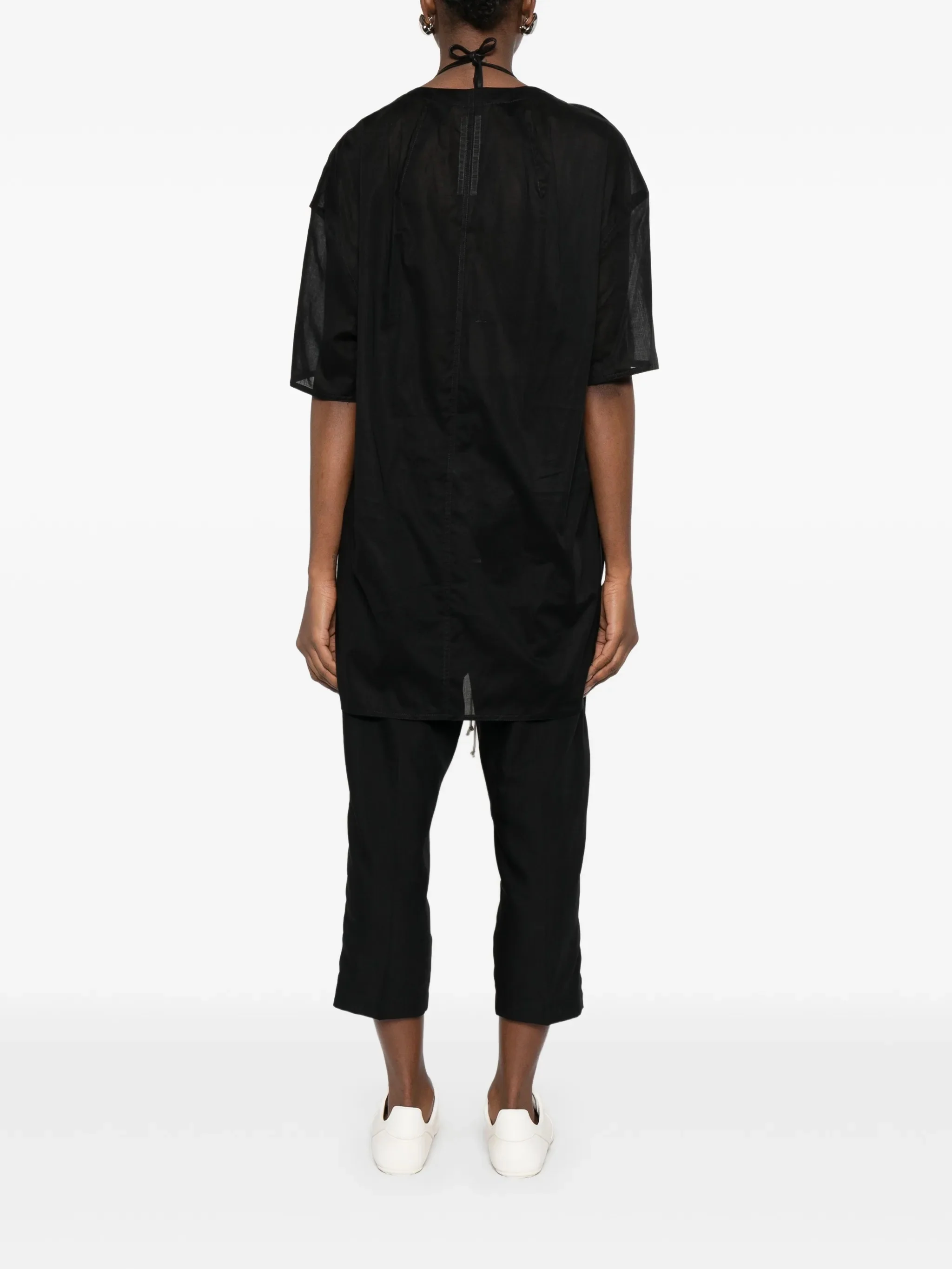 Rick Owens Short-Sleeved Semi-Sheer Cotton Blouse with V-Neck and Side Slits - Size 40 - Image 4