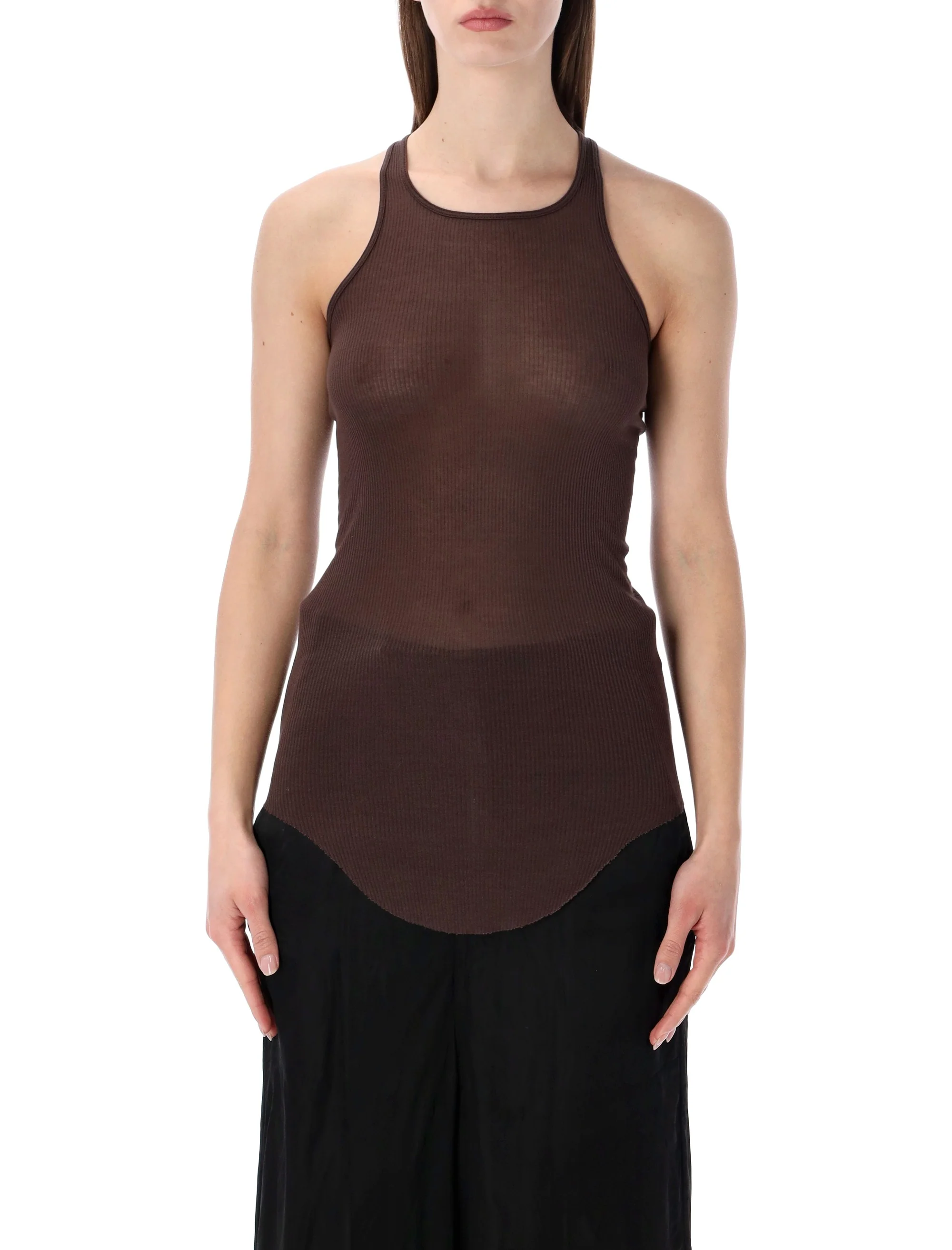 Rick Owens Slim Fit Ribbed Knit Halter Tank Top - Extended Length
