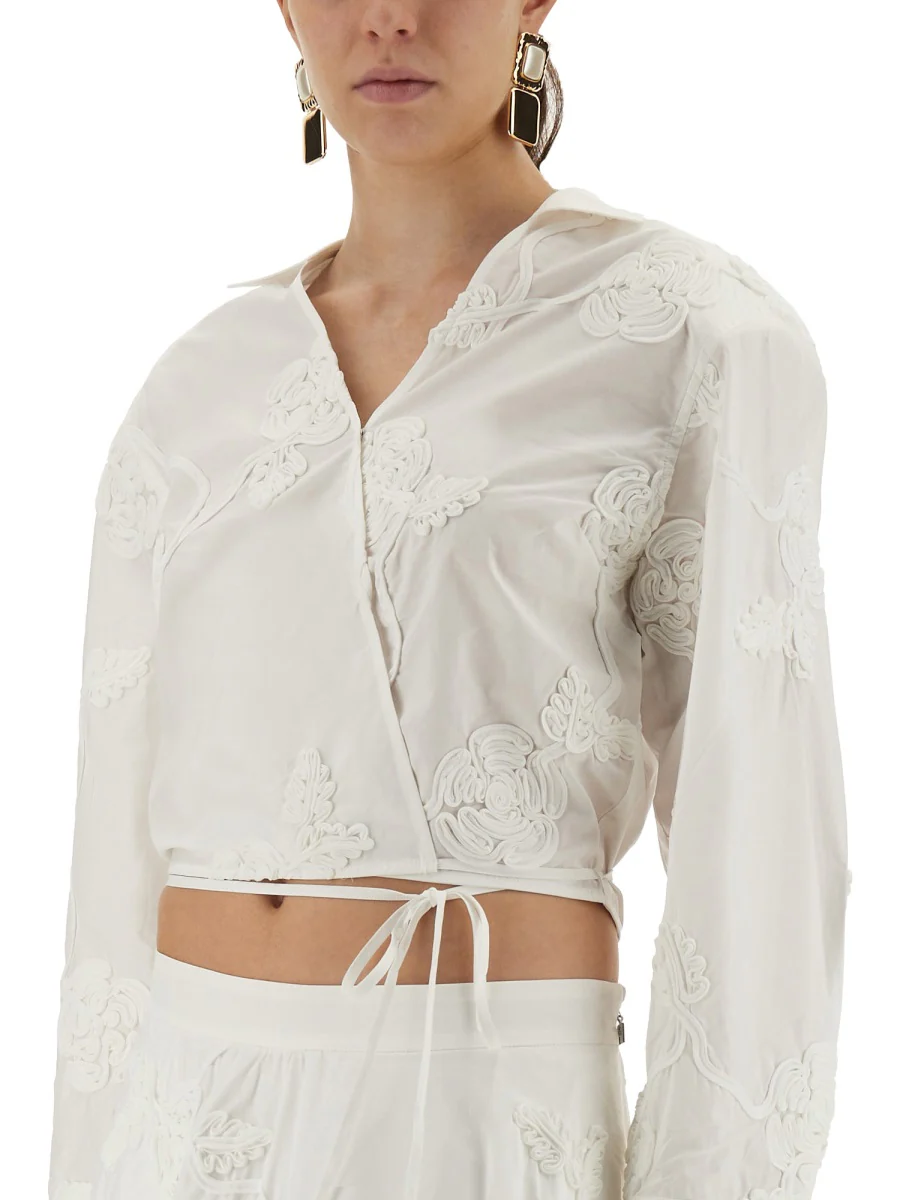 ROTATE BIRGER CHRISTENSEN Cotton Wrap-Around Shirt Top with 3D Pattern - Image 4