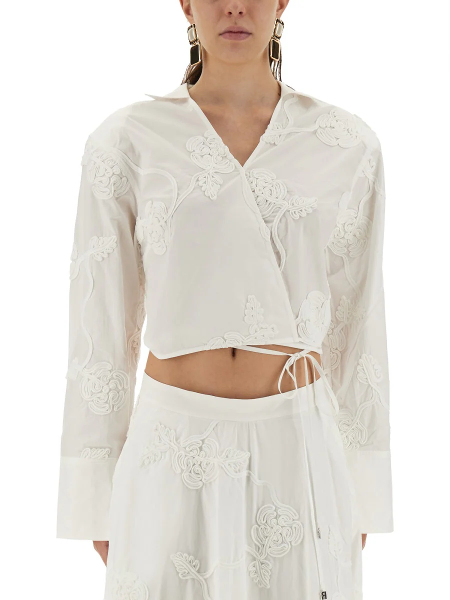 ROTATE BIRGER CHRISTENSEN Cotton Wrap-Around Shirt Top with 3D Pattern - Image 5