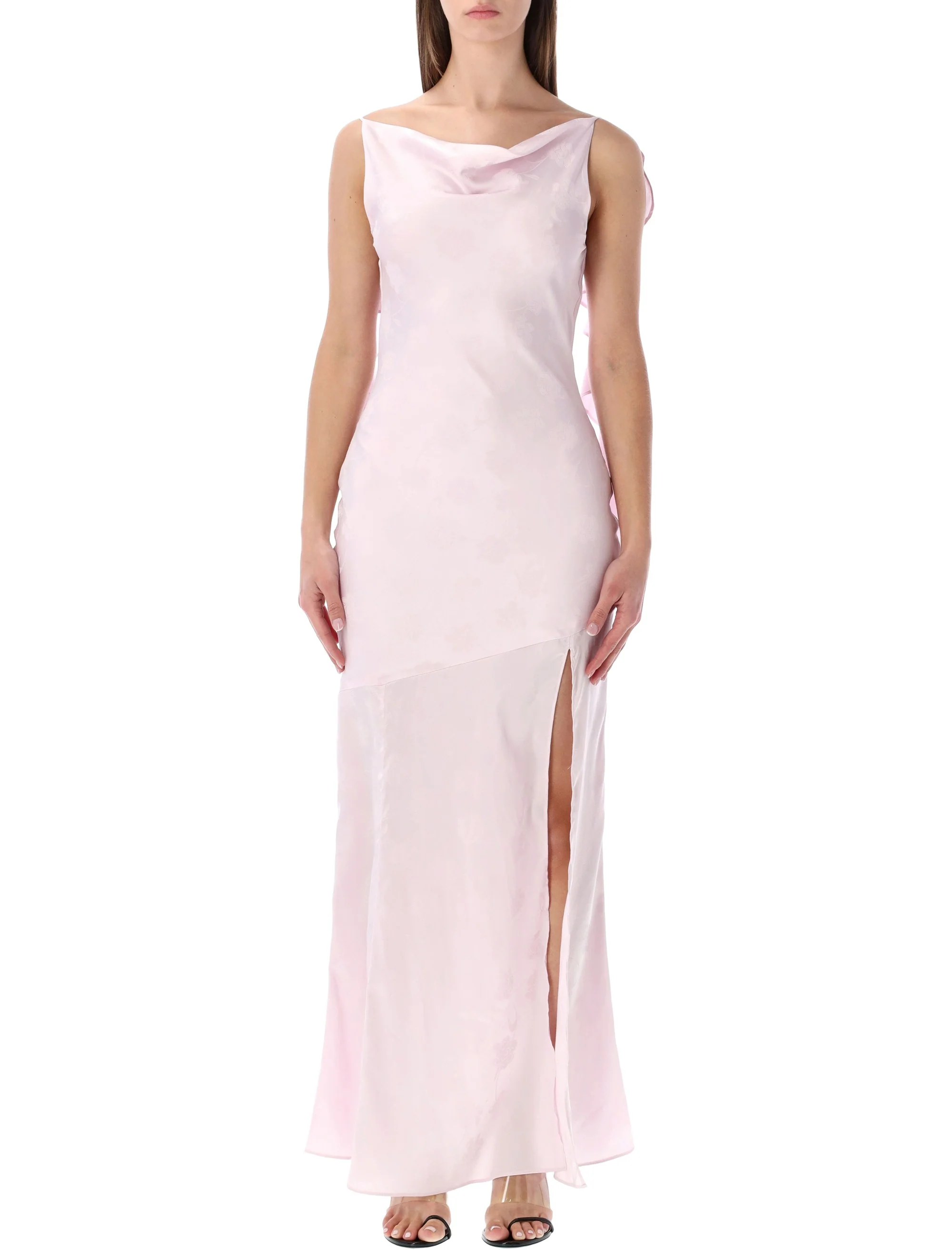 Rotate Floral Jacquard Maxi Dress with Front Slit and Cowl Neckline - Size 34