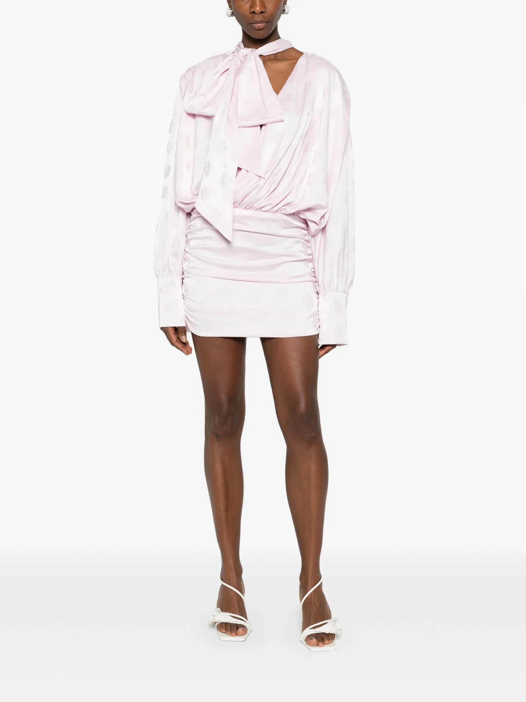 Rotate Floral Jacquard Tie-Neck Mini Dress with Long Sleeves - Image 2