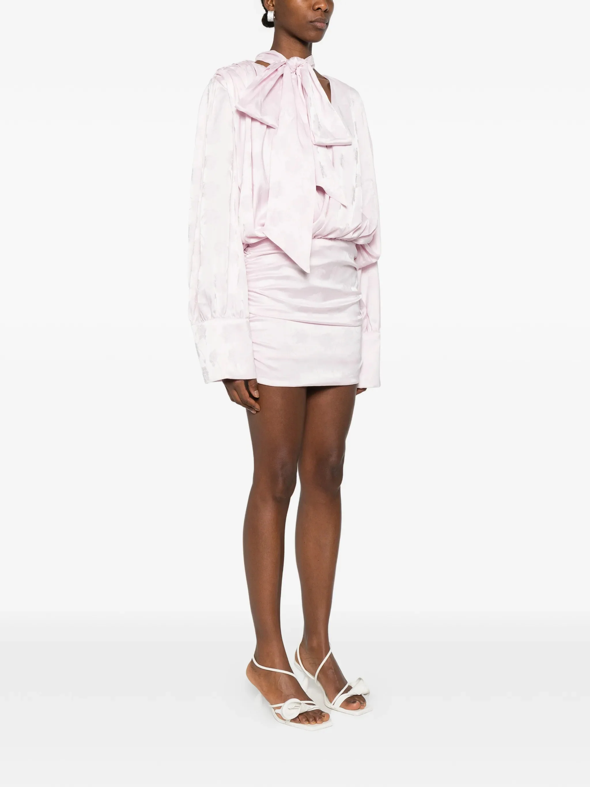 Rotate Floral Jacquard Tie-Neck Mini Dress with Long Sleeves - Image 3