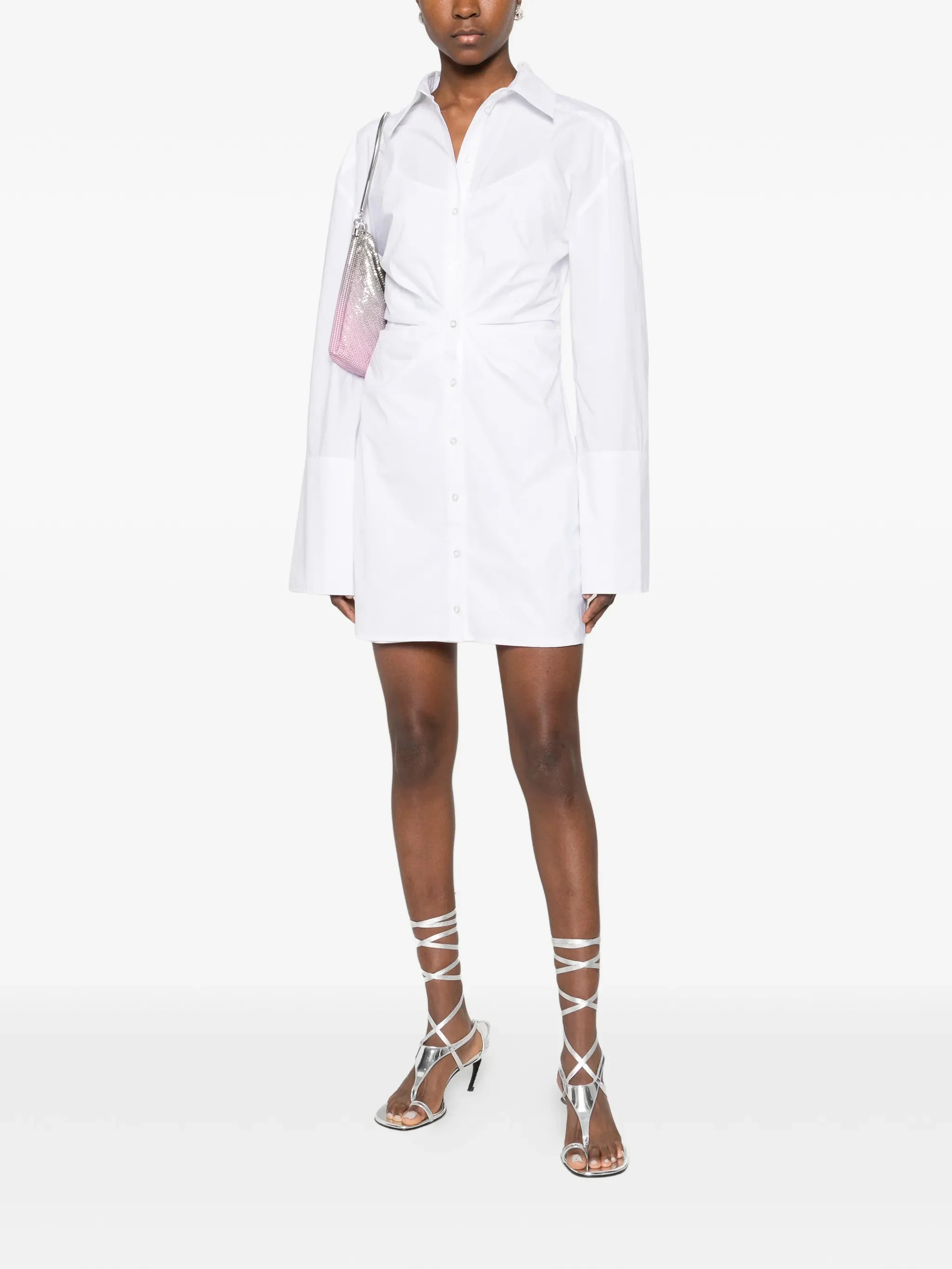 Rotate Mini Gathered Button-Up Dress with Long Sleeves - Image 2