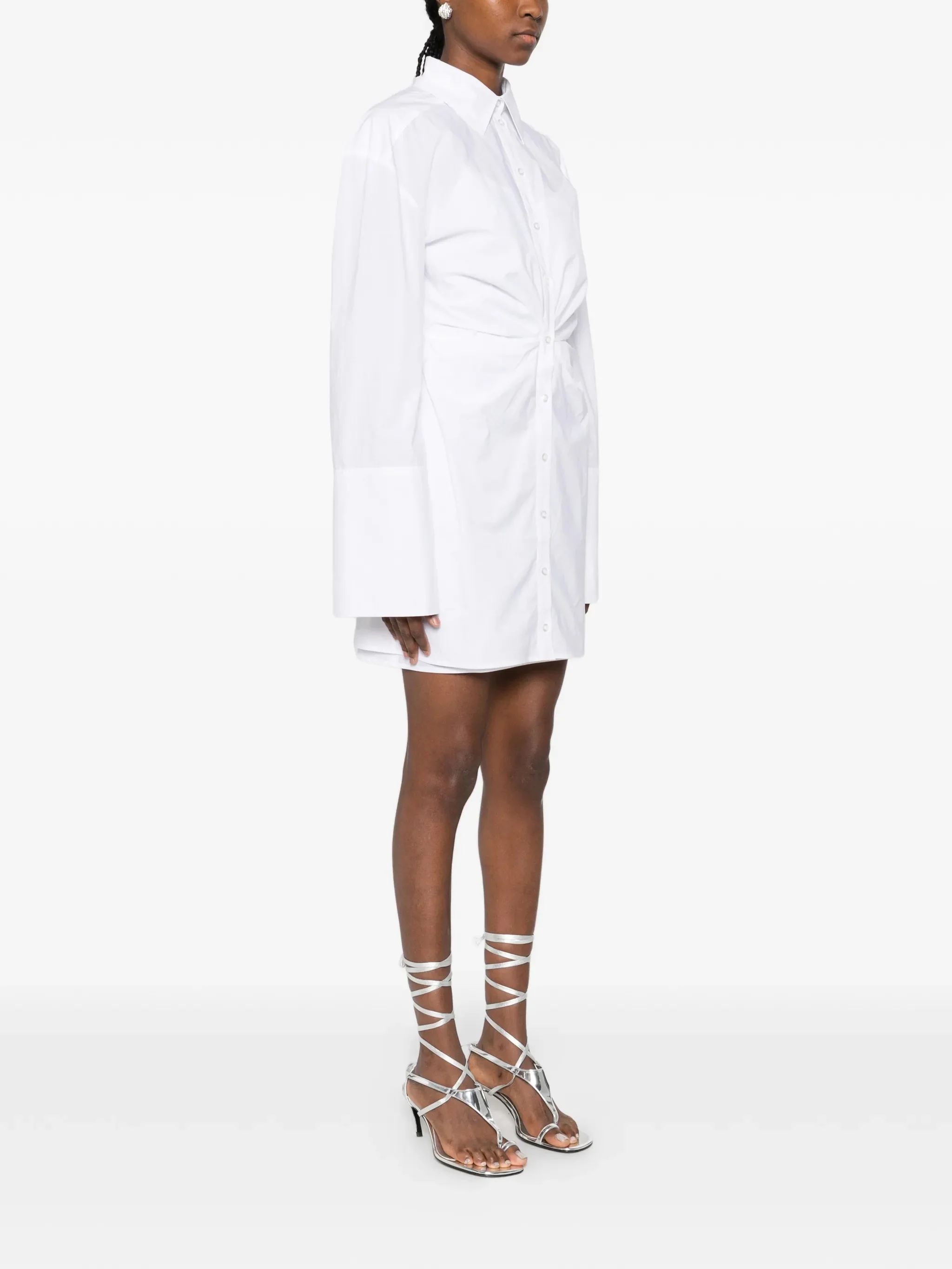 Rotate Mini Gathered Button-Up Dress with Long Sleeves - Image 3