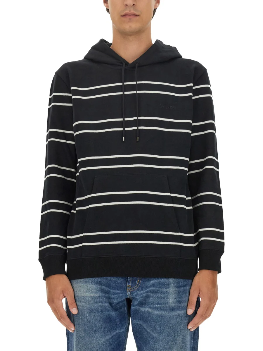 SAINT LAURENT Slim-Fit Logo-Embroidered Striped Cotton-Jersey Hoodie