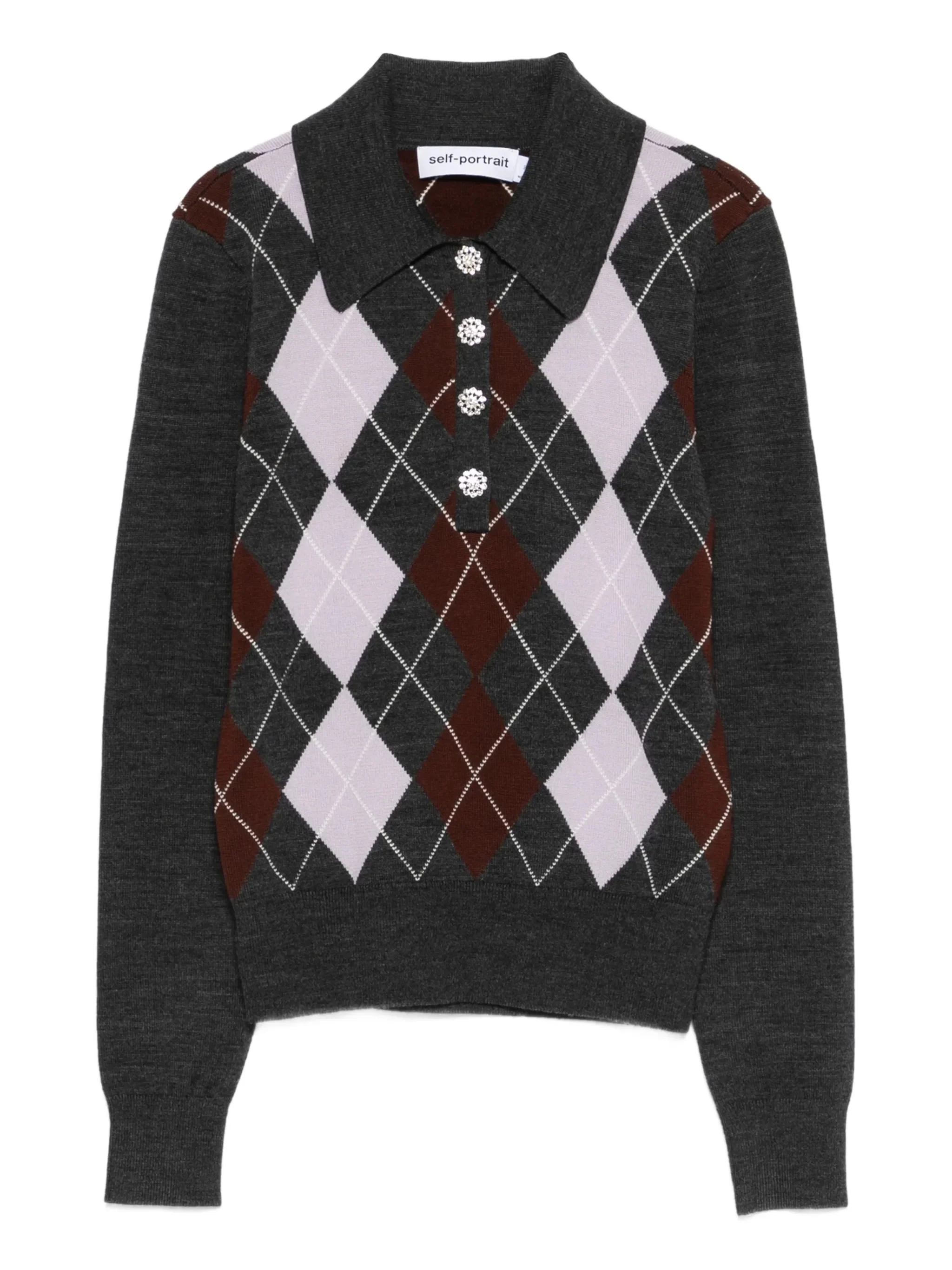 SELF-PORTRAIT Argyle Button Polo Top - Image 2