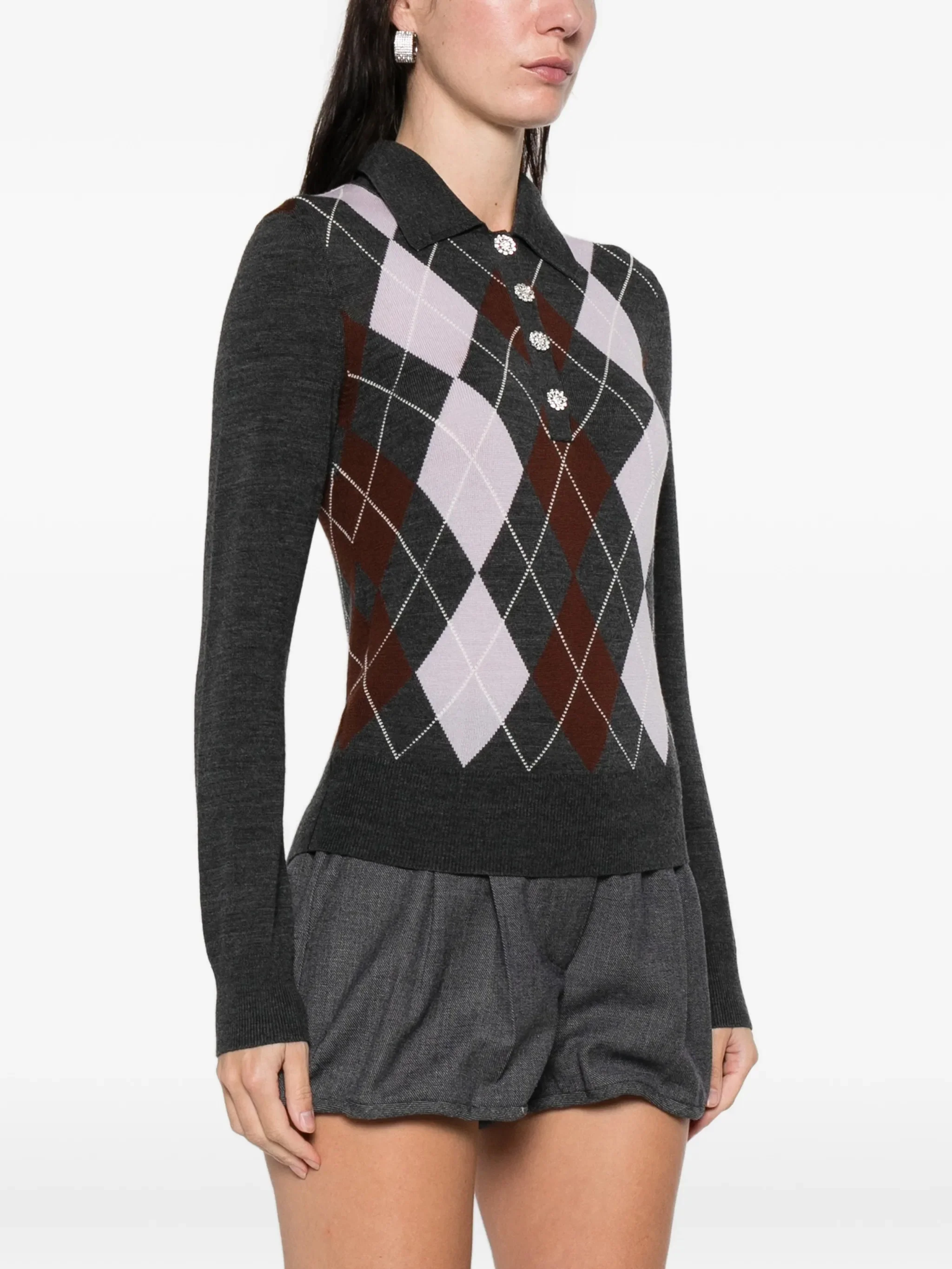 SELF-PORTRAIT Argyle Button Polo Top - Image 6