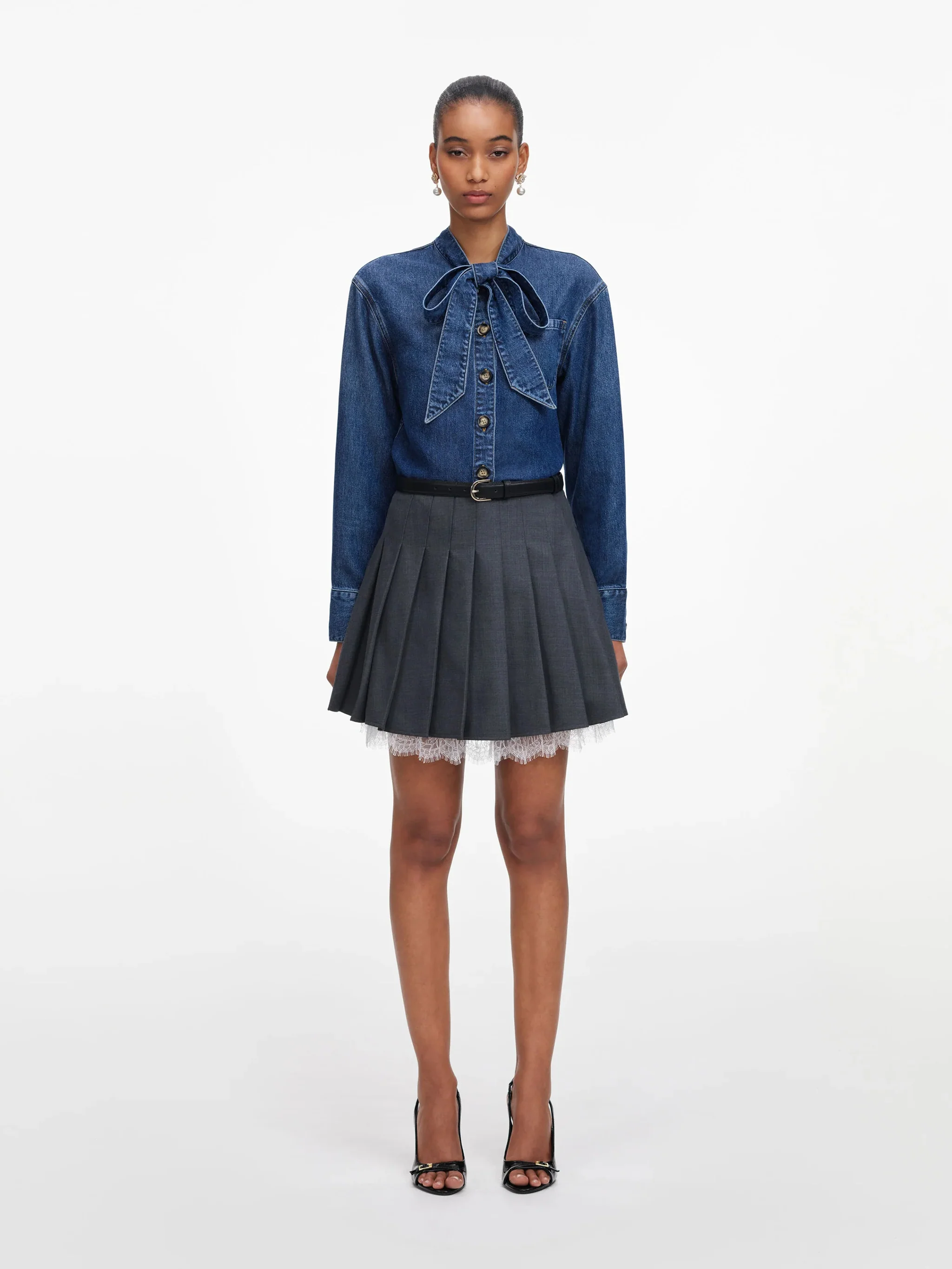 Self-portrait Button-Up Mini Shirt Dress with Bow Neckline - Size UK 6