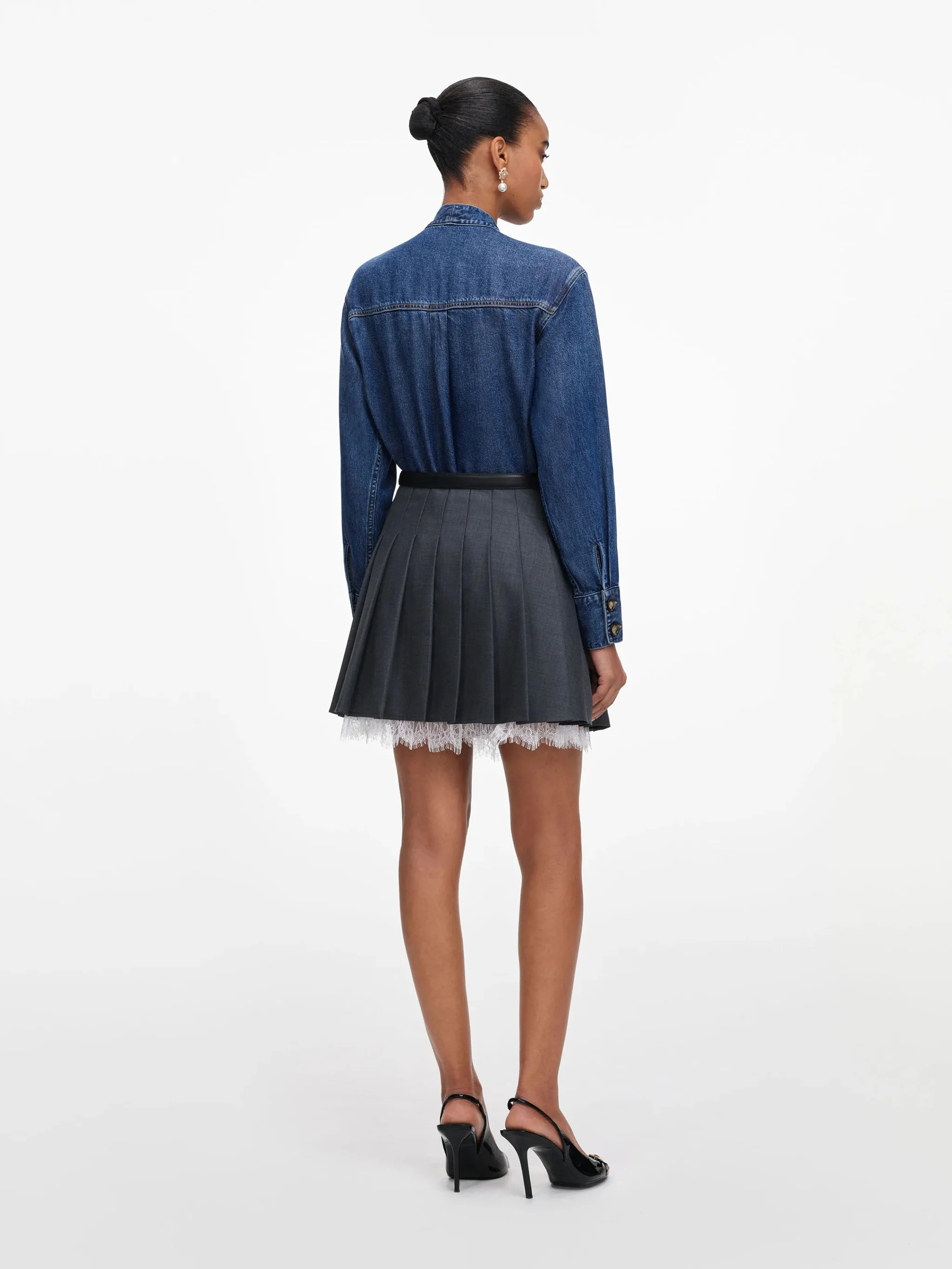 Self-portrait Button-Up Mini Shirt Dress with Bow Neckline - Size UK 6 - Image 3