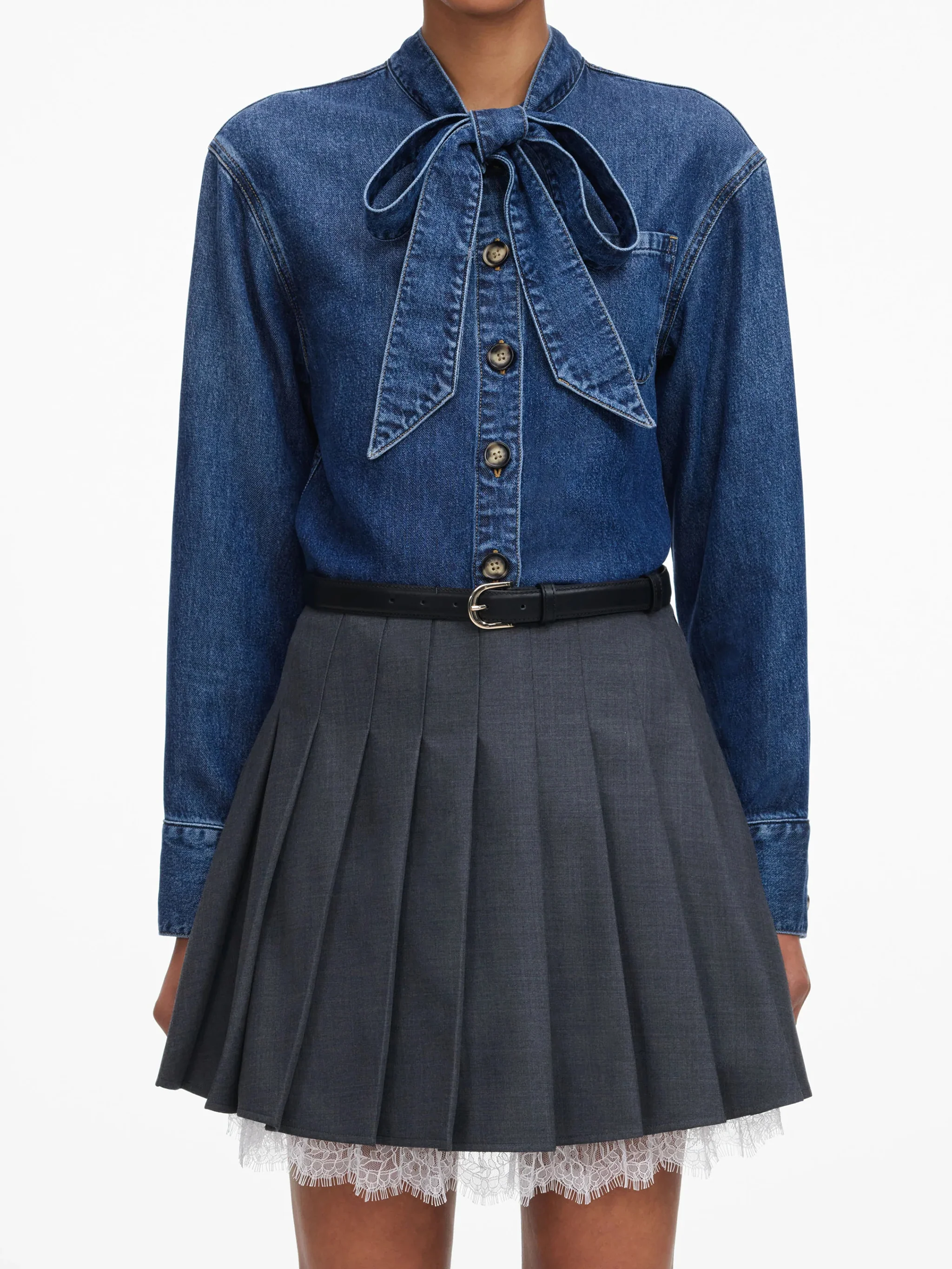 Self-portrait Button-Up Mini Shirt Dress with Bow Neckline - Size UK 6 - Image 4