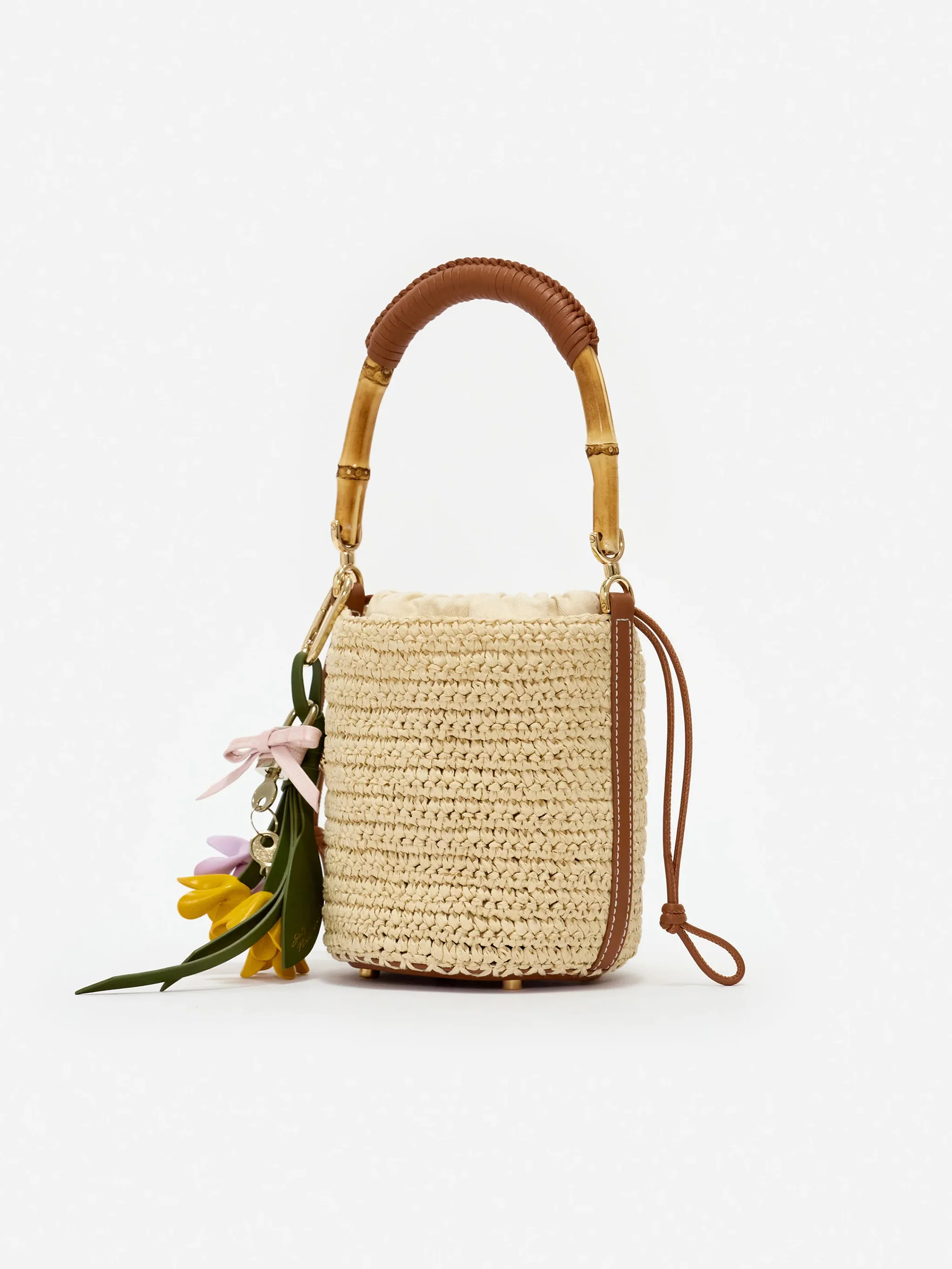 Self-portrait Chic Raffia Drawstring Pouch Handbag with Bamboo Handle - Image 3