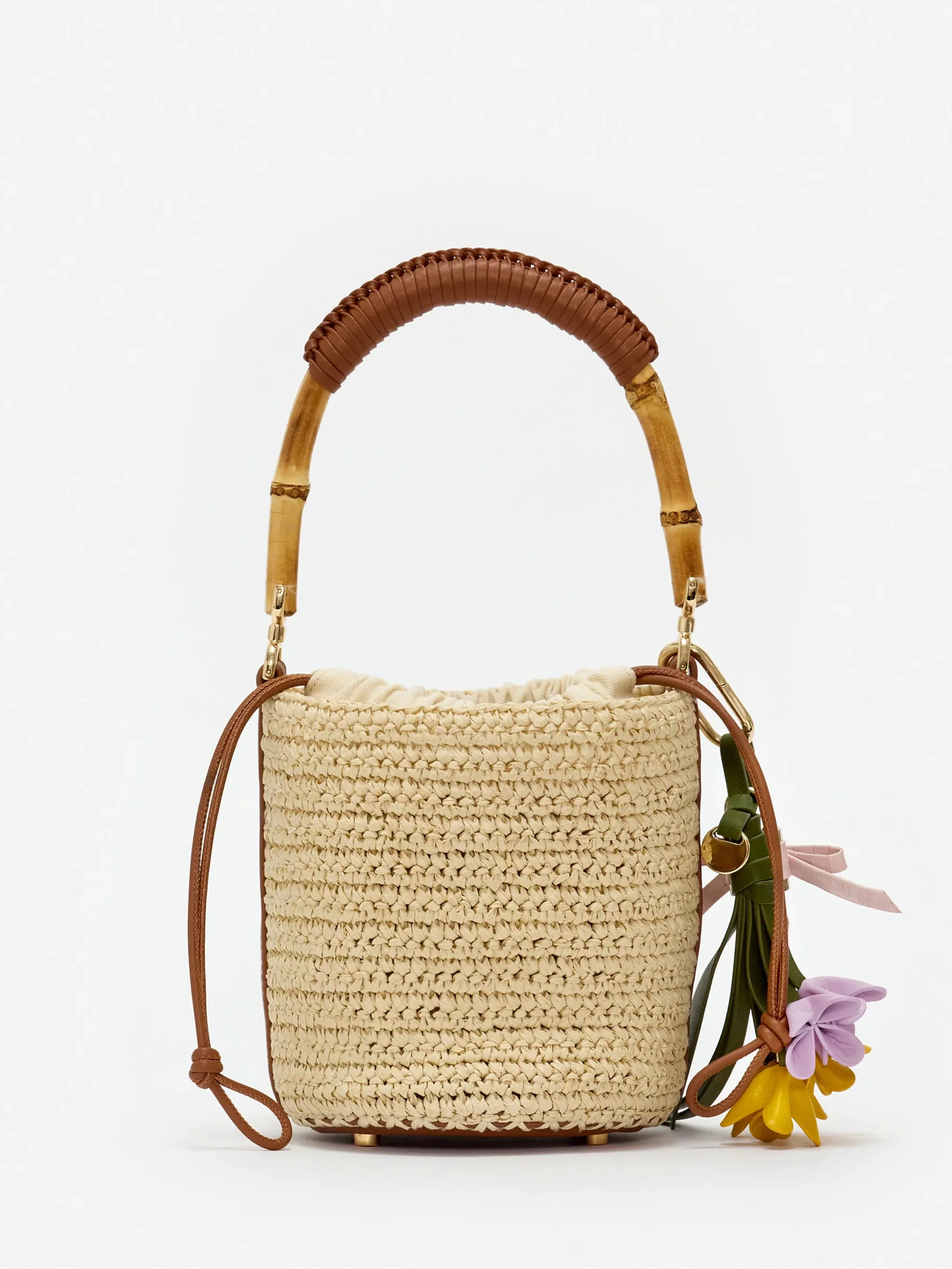 Self-portrait Chic Raffia Drawstring Pouch Handbag with Bamboo Handle - Image 4