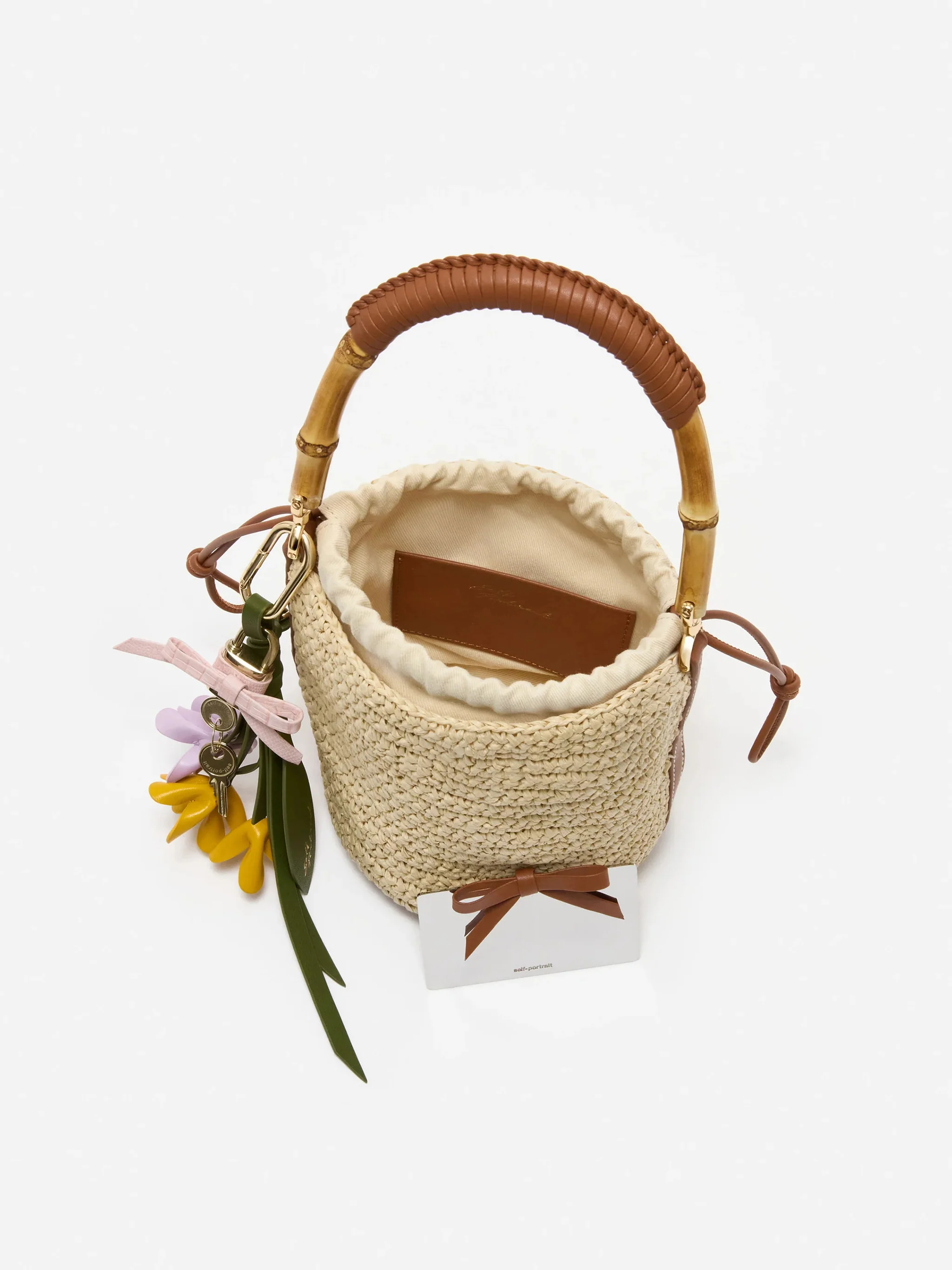 Self-portrait Chic Raffia Drawstring Pouch Handbag with Bamboo Handle - Image 5