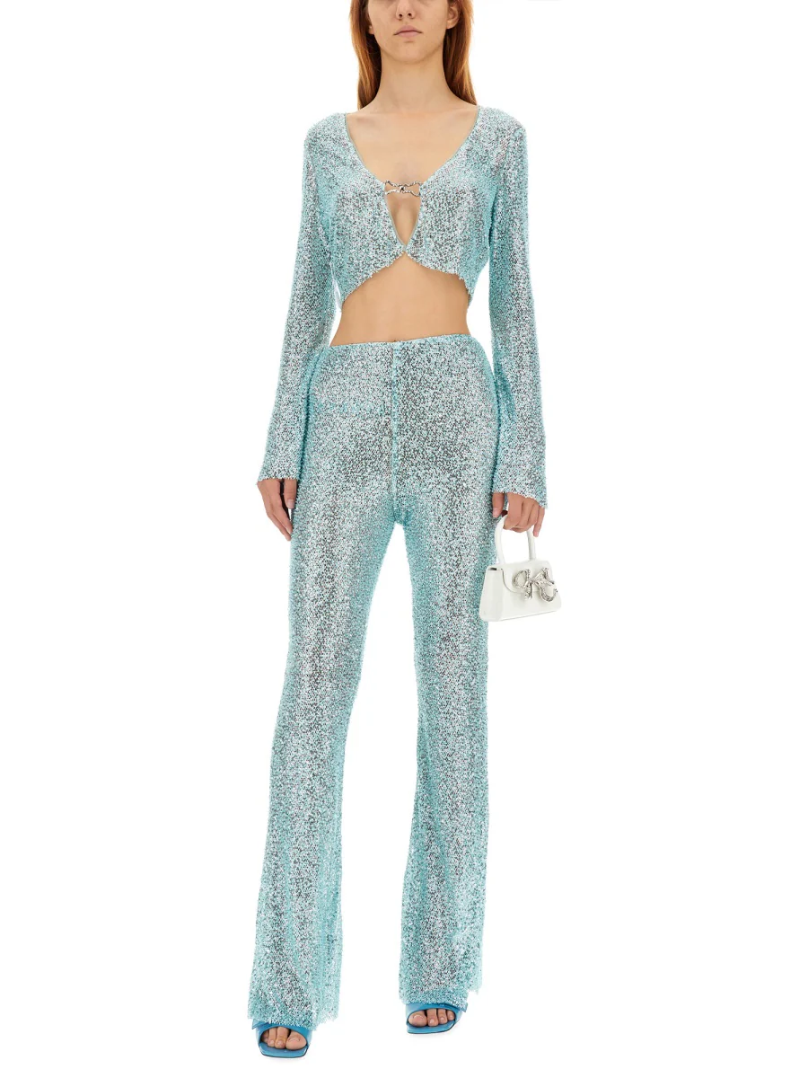 Self-portrait Ladies Blue Beaded Fishnet Flared Pants - Image 2