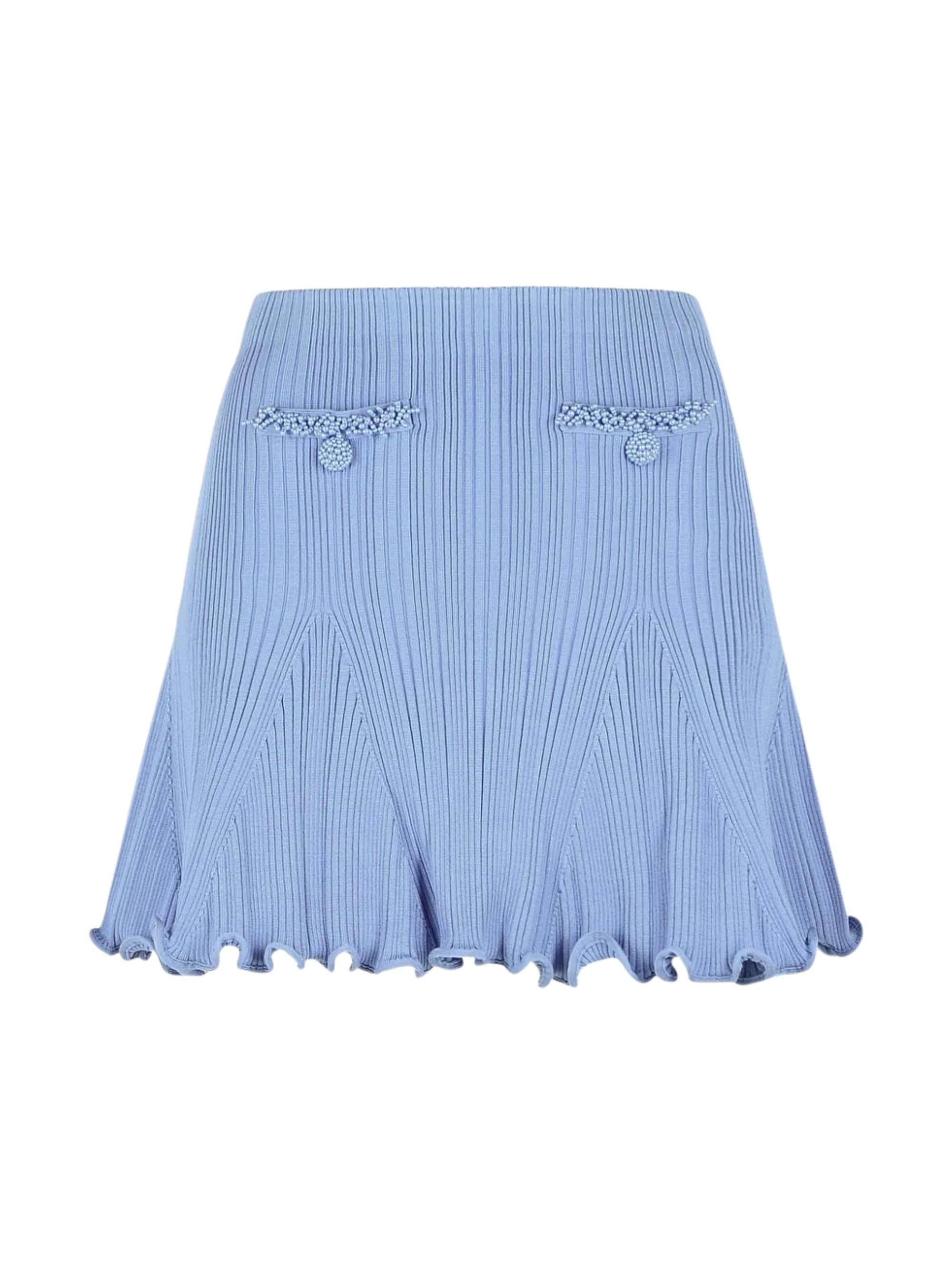 Self-portrait Mini Ribbed Knit Short Skirt with Decorative Buttons