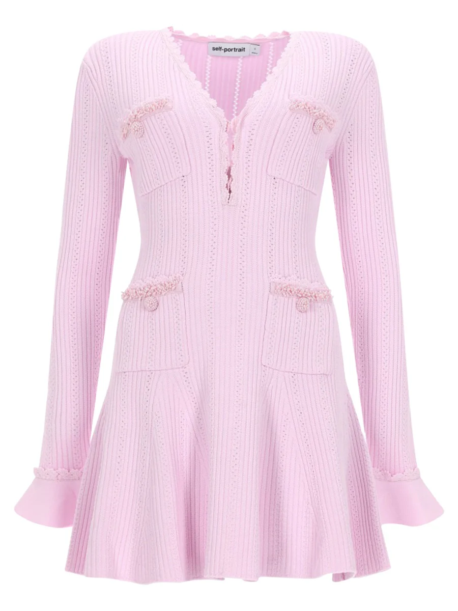 SELF-PORTRAIT Pearl Trim Knit Mini Dress