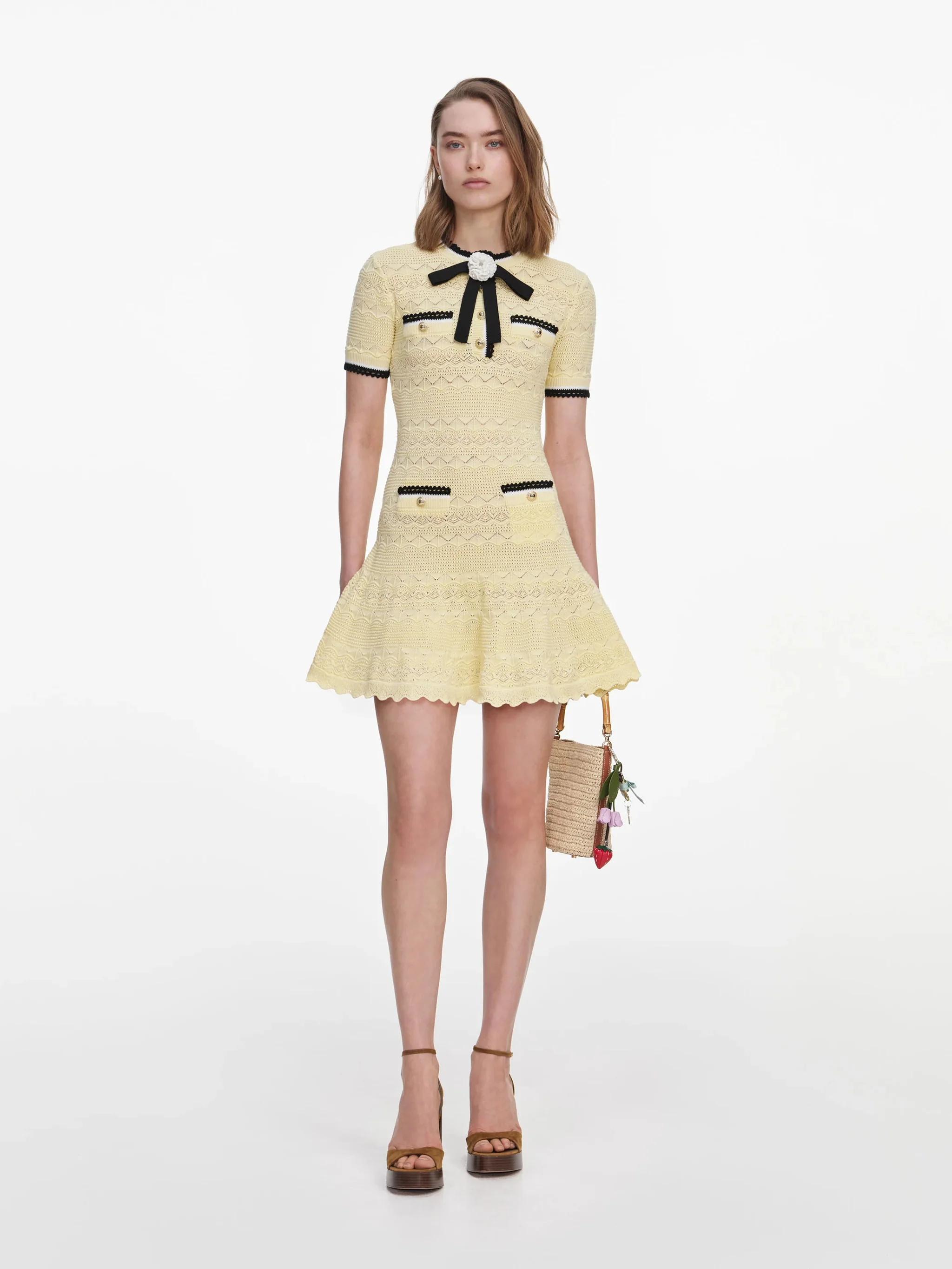 Self-portrait Stretch Fabric Button-Front Dress with Floral Brooch - Size S
