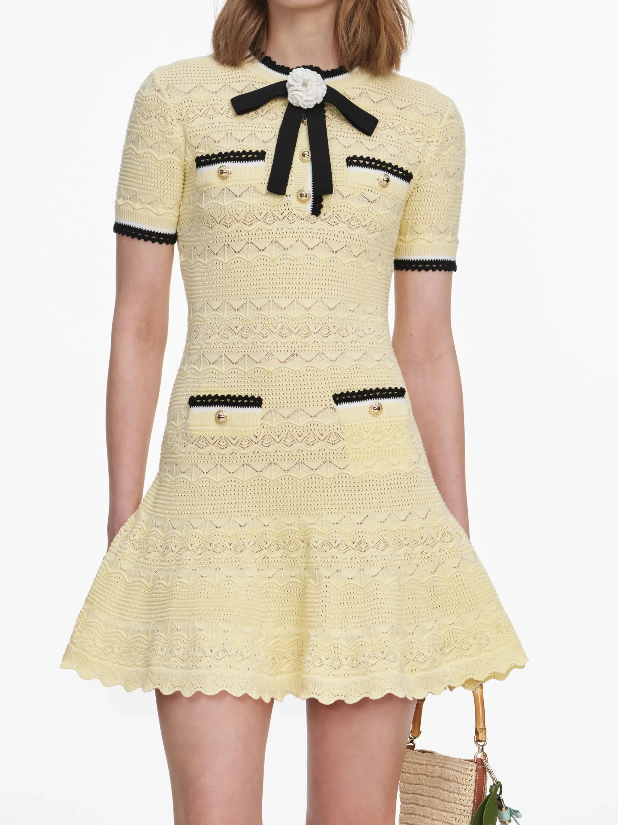 Self-portrait Stretch Fabric Button-Front Dress with Floral Brooch - Size S - Image 4