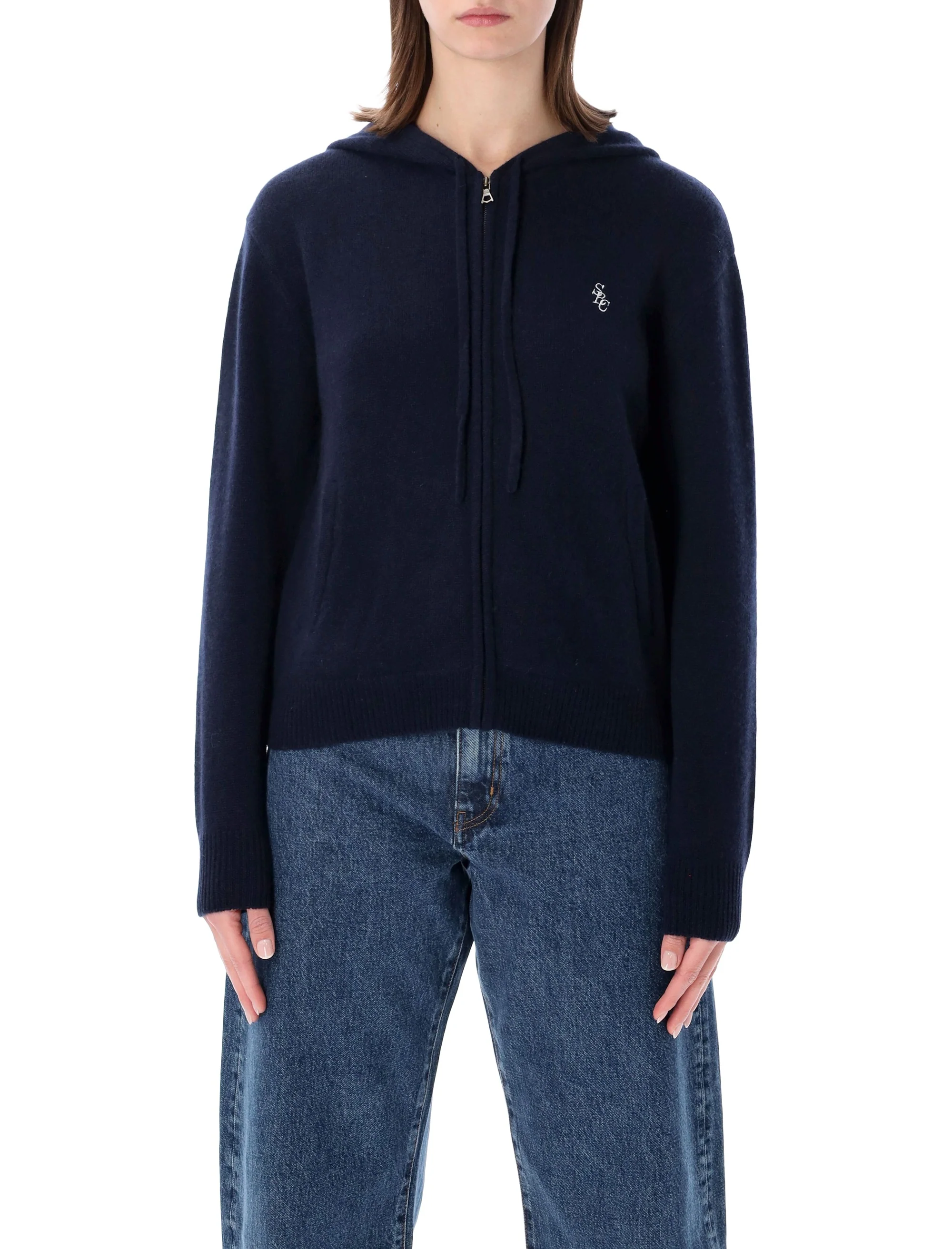 SPORTY & RICH Src Logo Embroidered Knitted Zipped Hoodie