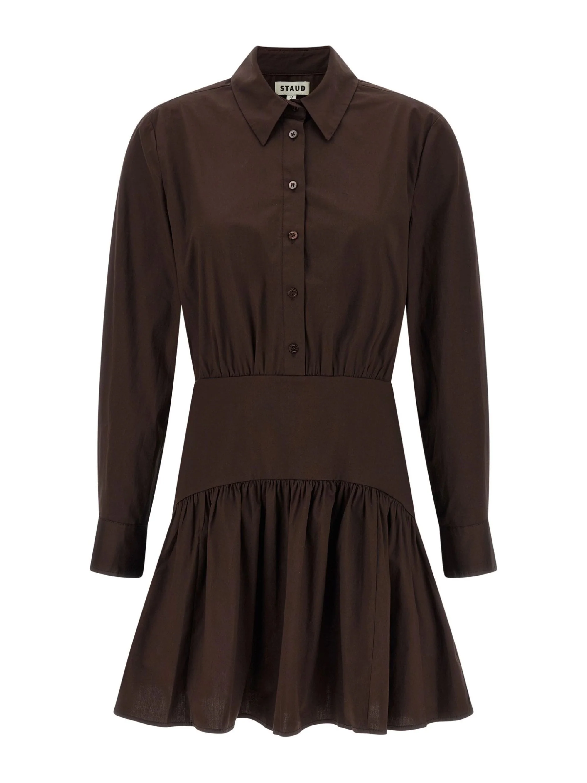 Staud Flared Mini Shirt Dress with Button Closure and Curved Detail