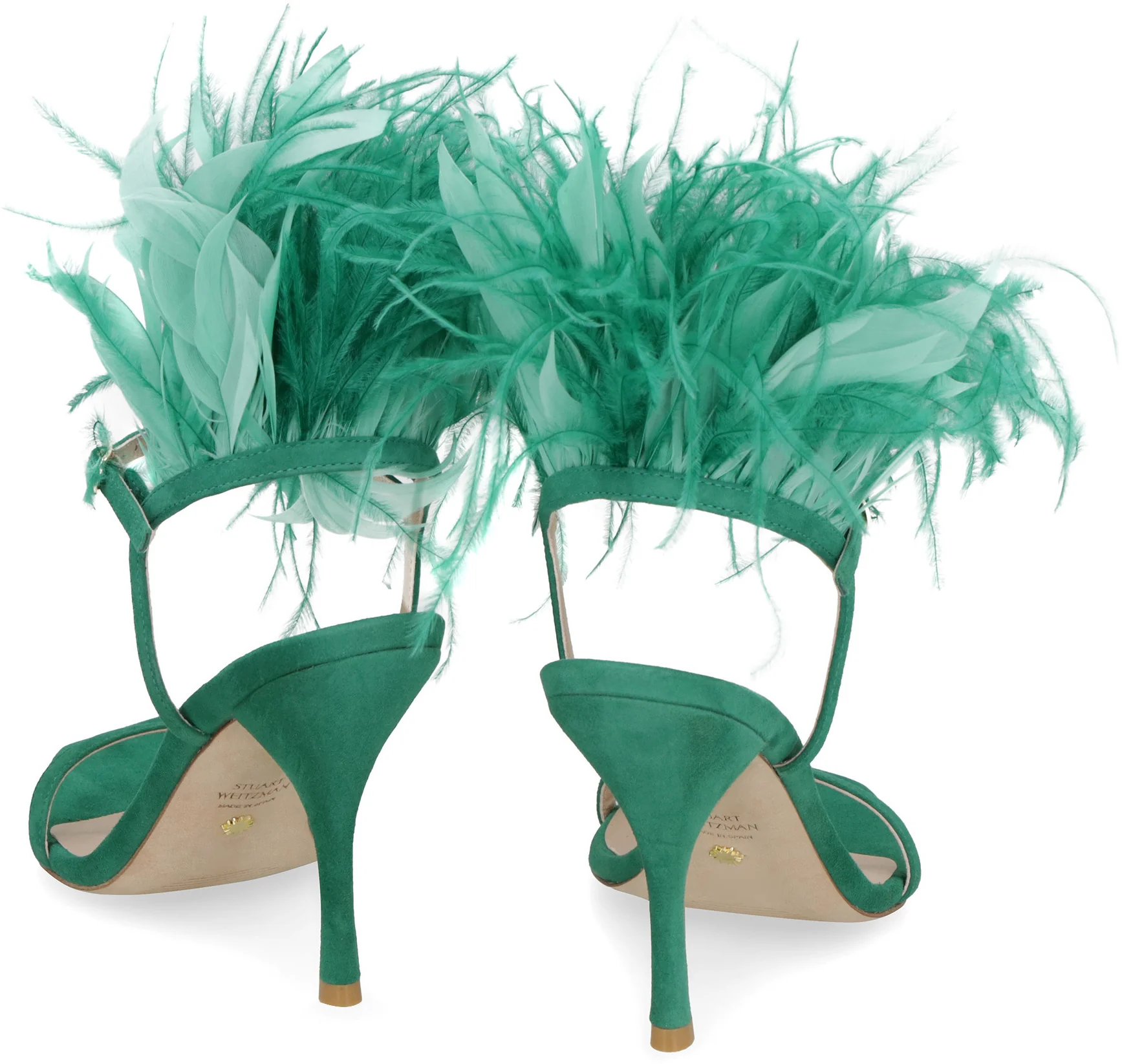 STUART WEITZMAN 'Plume' Sandals, Suede, Square Open Toe, Thin Upper Band, Adjustable Ankle Strap, Feather Applique Back, Leather Sole, Stiletto Heel - Image 4