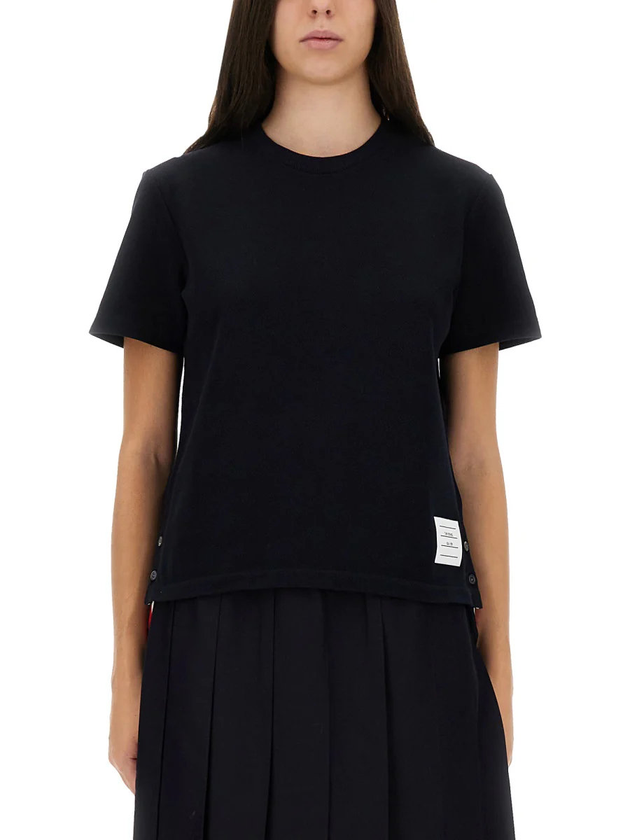 THOM BROWNE Classic Cotton Pique Relaxed Fit Center Back Stripe Short Sleeve T-Shirt - Image 5