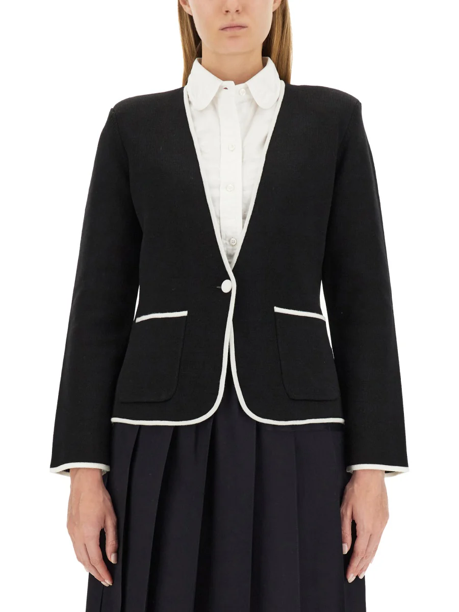 THOM BROWNE Double Face Merino Wool Tipping Collarless Jacket