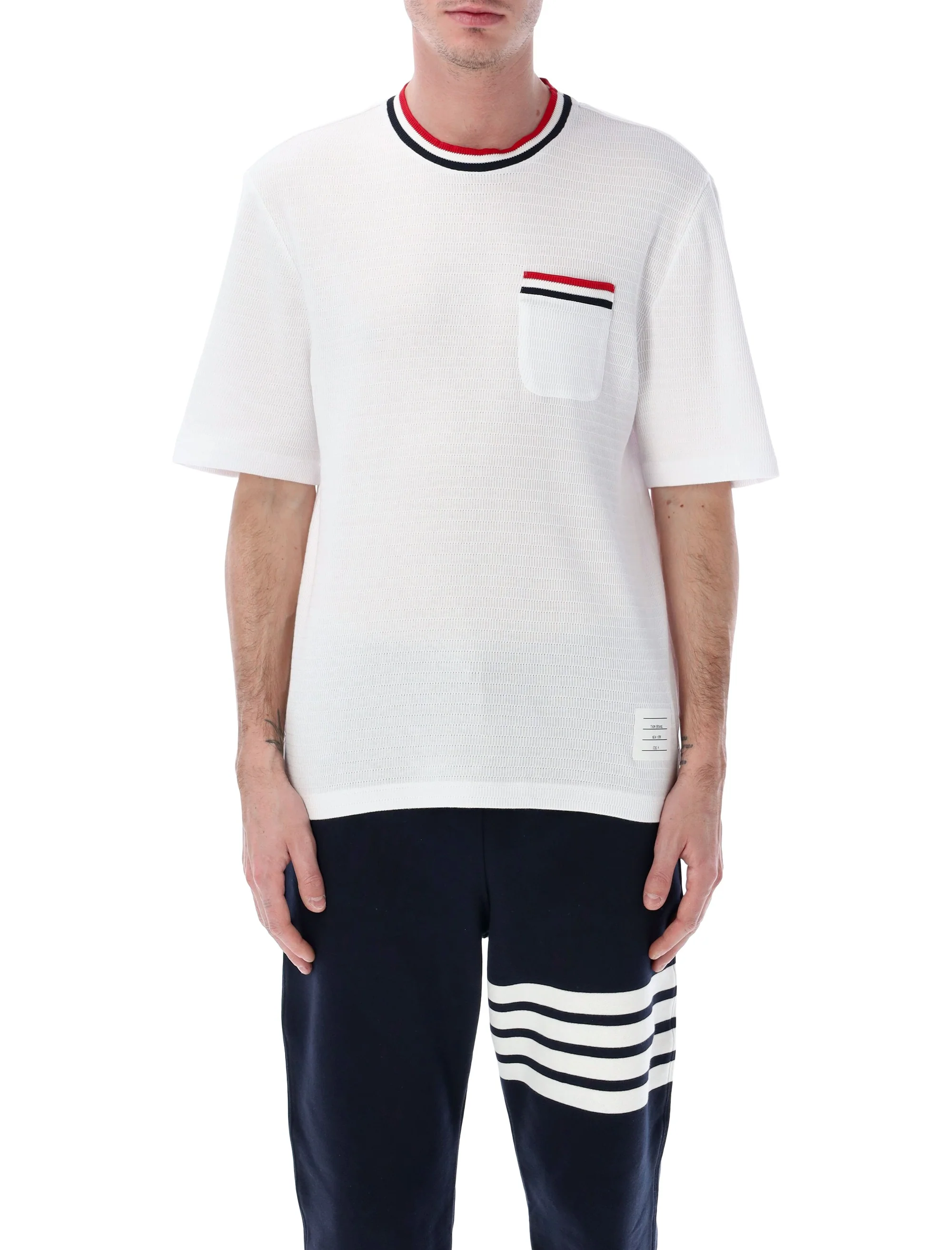 Thom Browne Short Sleeve Tee W/ Striped Racking Stit