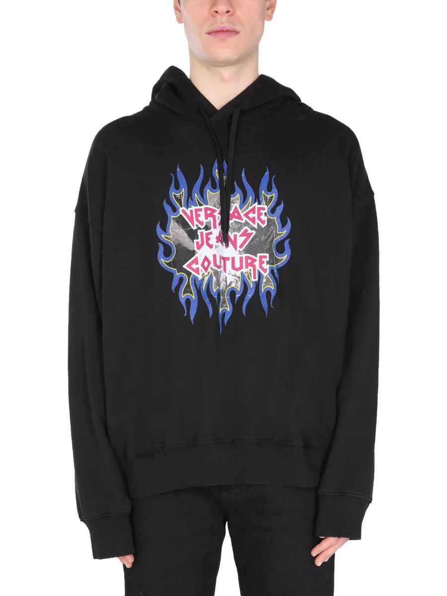 VERSACE JEANS COUTURE COTTON HOODED SWEATSHIRT with ROCK LOGO